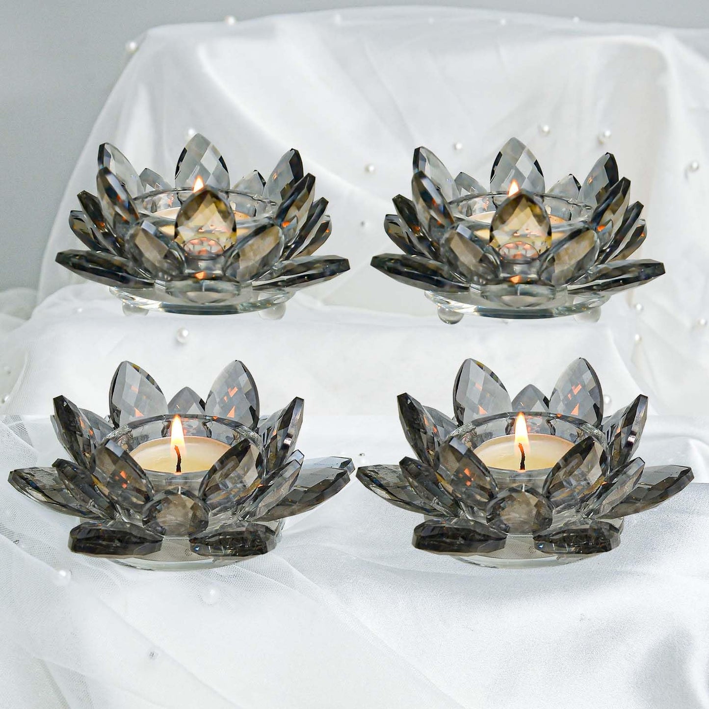 Lotus Black Crystal Tea Candle Holder Crystal Wishing Tealight Candlestick Stand Exquisite Desktop Decoration Holiday Celebration Wedding Restaurant Party Atmosphere Decoration (4 Pcs, Dark Grey)