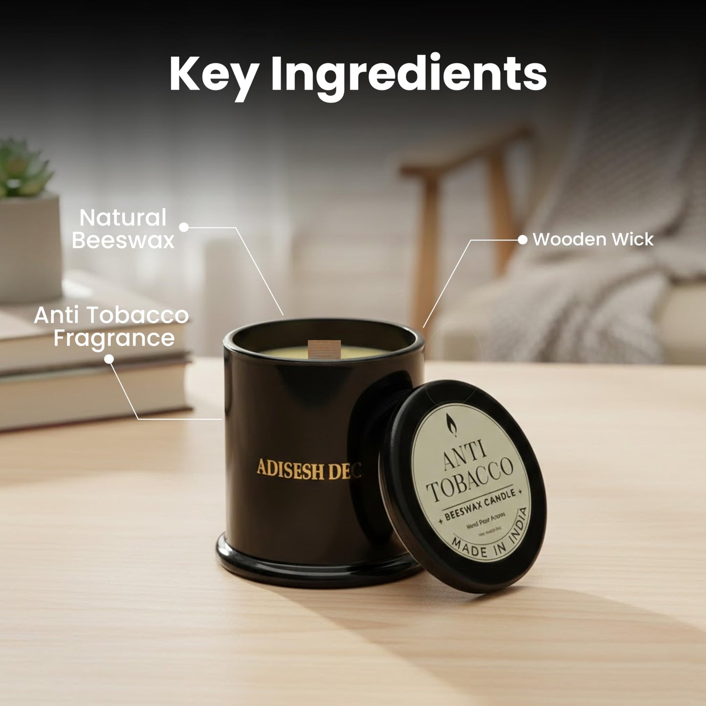 Adisesh Decor Anti Tobacco Beeswax Candle – Long Lasting 70+ Hour Burn | Natural Odor Eliminating Scented Candle for Home, Smoke & Pet Odor Neutralizer | Hand Poured Clean Burning Decorative Candle