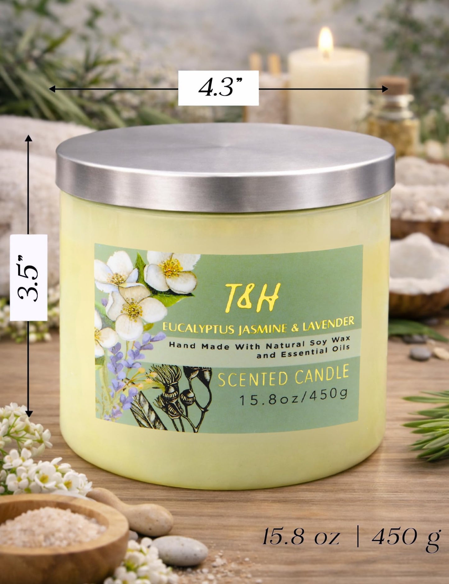 Eucalyptus Jasmine Lavender Scented Candle | 3 Wick Large Soy Candle for Home 15.8oz | Relaxing Aromatherapy Spa Candle | Strong Scent, Long Lasting, Clean Burn | Stress Relief Gift for Women & Men