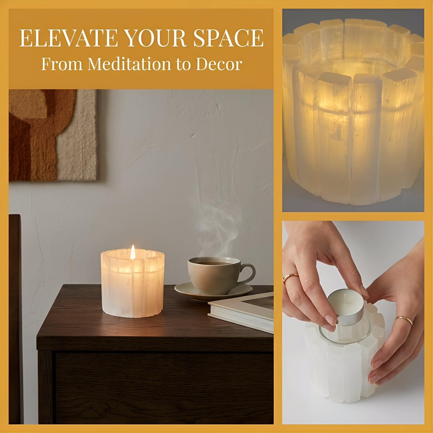 Selenite Tea Light Holder, Natural Selenite Crystal Candle Holders with Different Shapes, for Home Decor, Meditation, Yoga, Reiki, Gifts (Round Regular Cup)