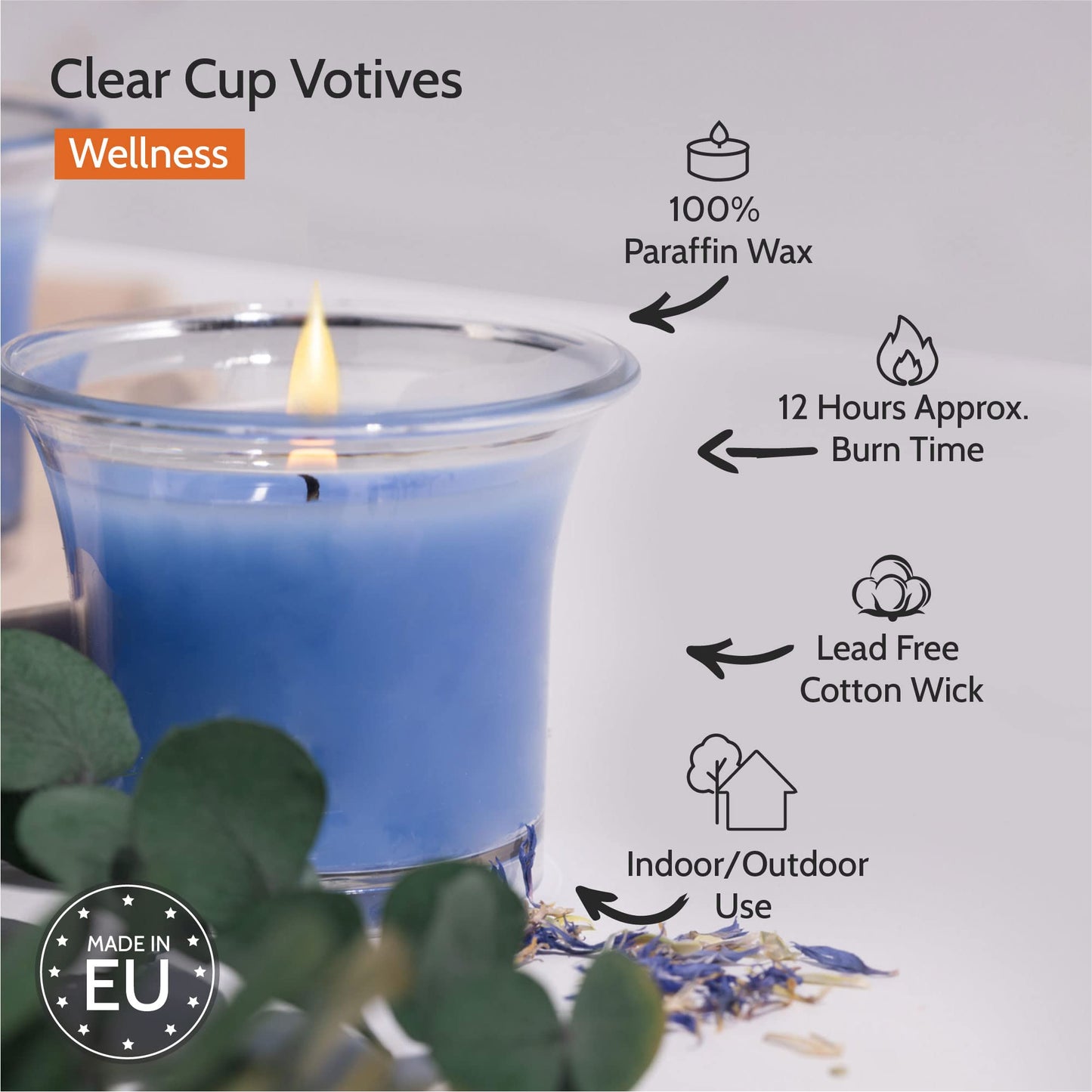 HYOOLA Clear Cup Scented Votive Candles - Wellness - 12 Hour Burn Time - 4 Pack - European Made