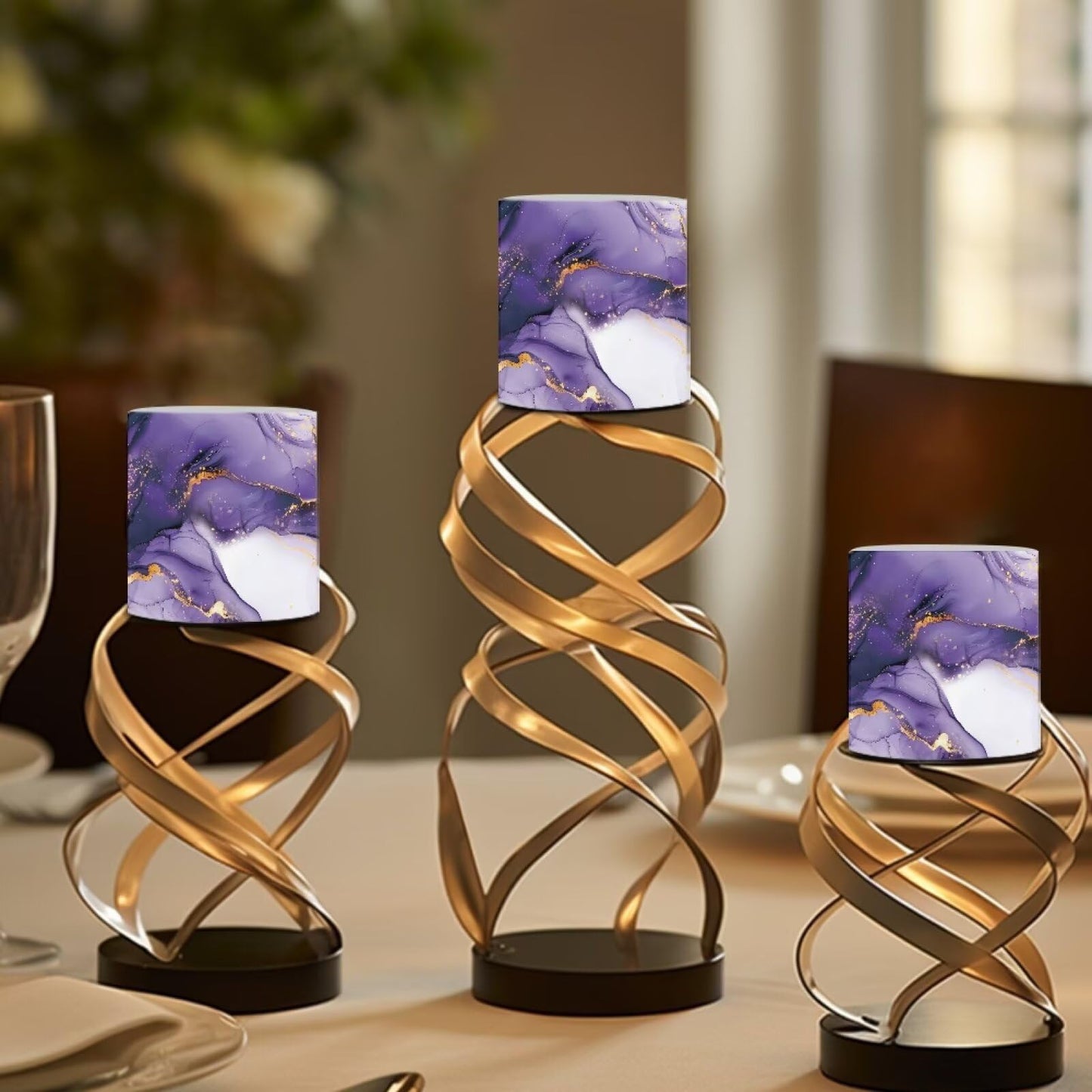 NETILGEN Purple Marble Print 3 inch Flickering Color Changing LED Candles Set of 4 Flameless Eletric Pillar Candles with Remote Timer Control Home Party Decor