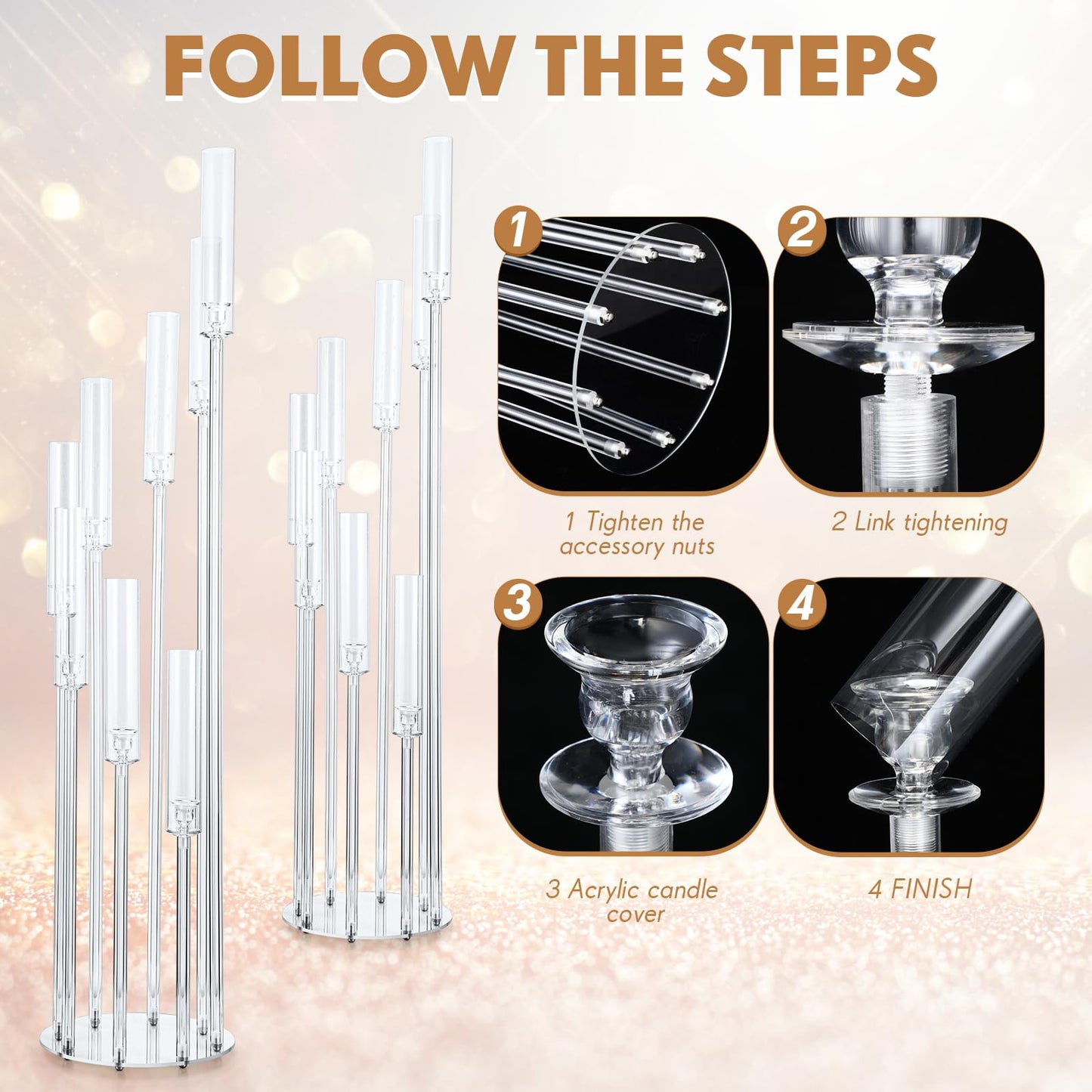 Vesici 2 Pcs 8 Arm Acrylic Candelabra Centerpieces for Tables 49.6 x 11 Inch Candlesticks Holder Clear Acrylic Candle Holder for Wedding Ceremony Floor Home Dinner Party, Fit 0.8" LED Candle