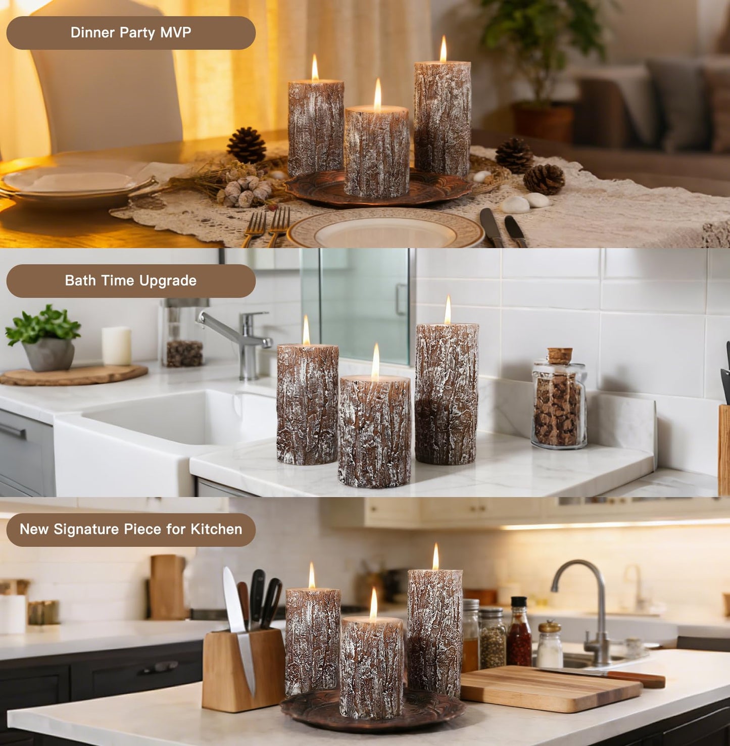 Classic Pine Tree Bark Texture Pillar Candles Set - Real Wax 3 Sizes (4", 5", 6" Tall) Rustic Decor Fireplace Candles, Unscented Woodland Style Pillar Candle for Home, Dining Table, Holiday Decor