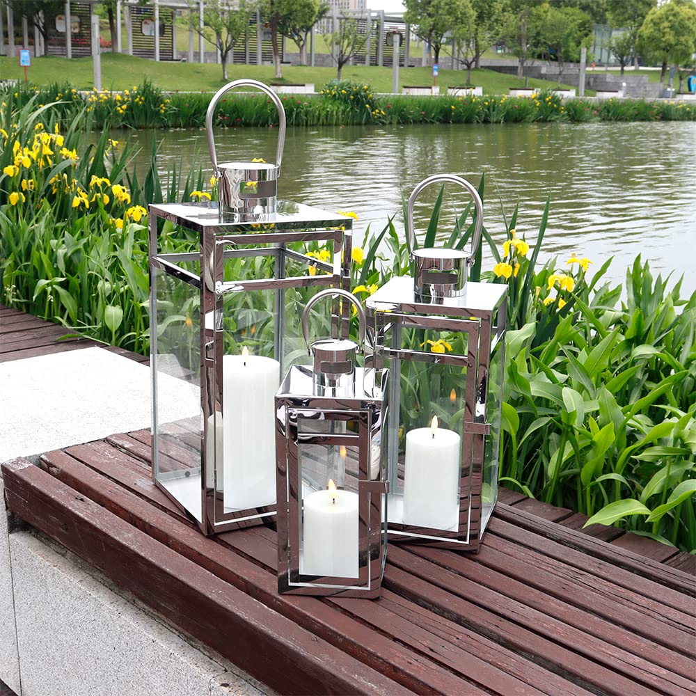 TRIROCKS Stainless Steel Lantern Set of 3, 19" Tall Metal Hanging Lanterns with Clear Glass Panels, Indoor & Outdoor Home Decor for Living Room, Tabletop, Parties & Events - Silver Finish