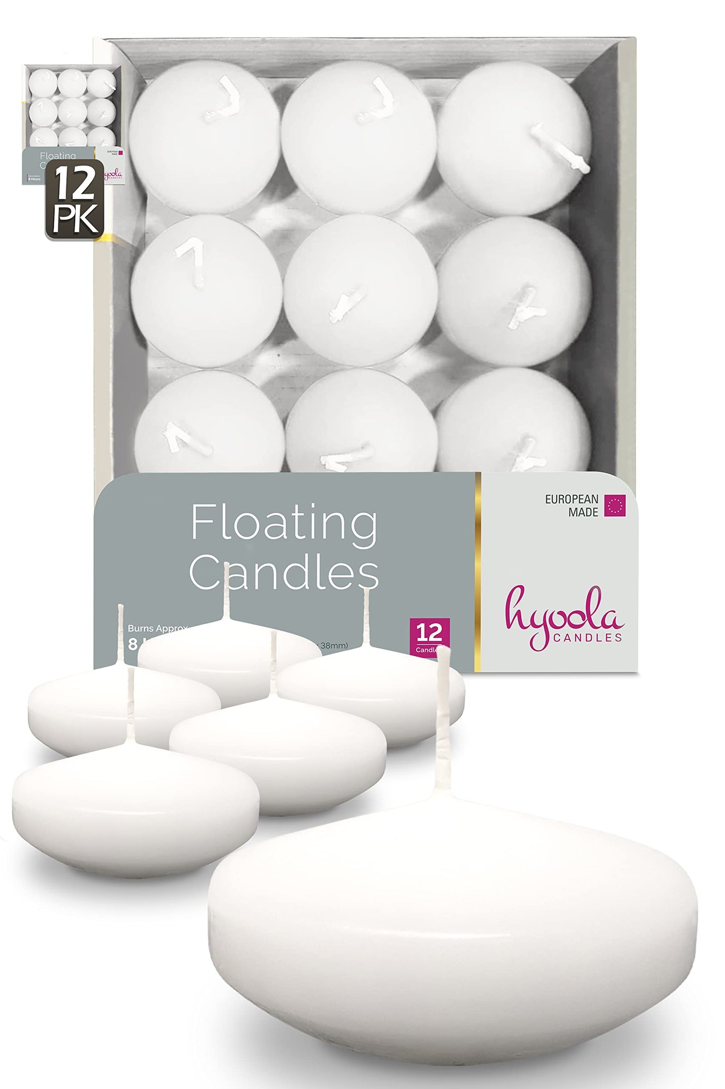 Hyoola Premium White Floating Candles 3 Inch - 8 Hour - 12 Pack - European Made
