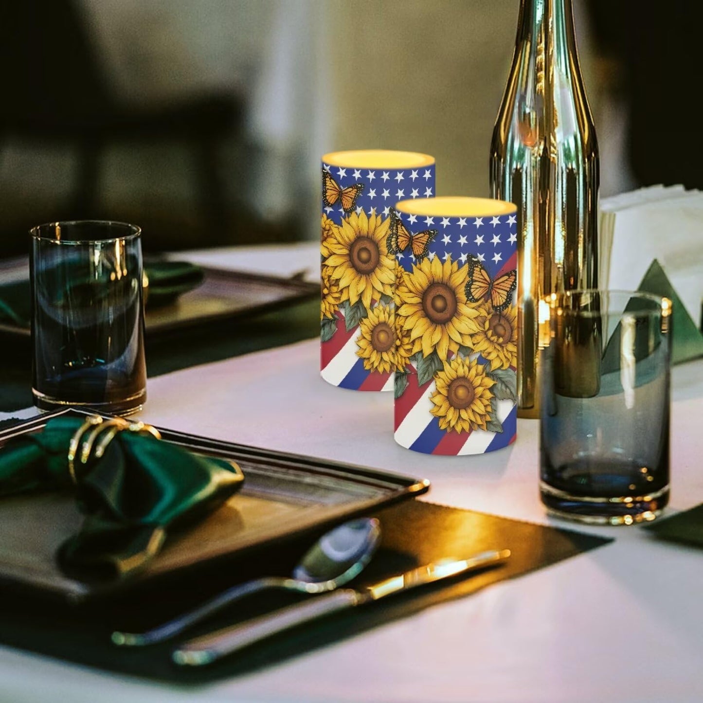 Luarisgur Independence Decorations Indoor Candles with Butterfly Sunflower American Flag Flameless Candles with Remote and Timer Set of 2 Battery Operated LED Candles for Festival Gift Home Room Decor