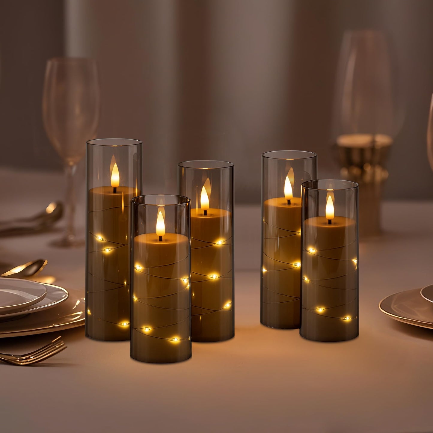 Pandaing 18 Pack Flameless Battery Operated LED Candles with Remote and Timer, Flickering Candles with Embedded Star String for Romantic Ambiance and Home Decoration, Stable Acrylic Shell (Grey)