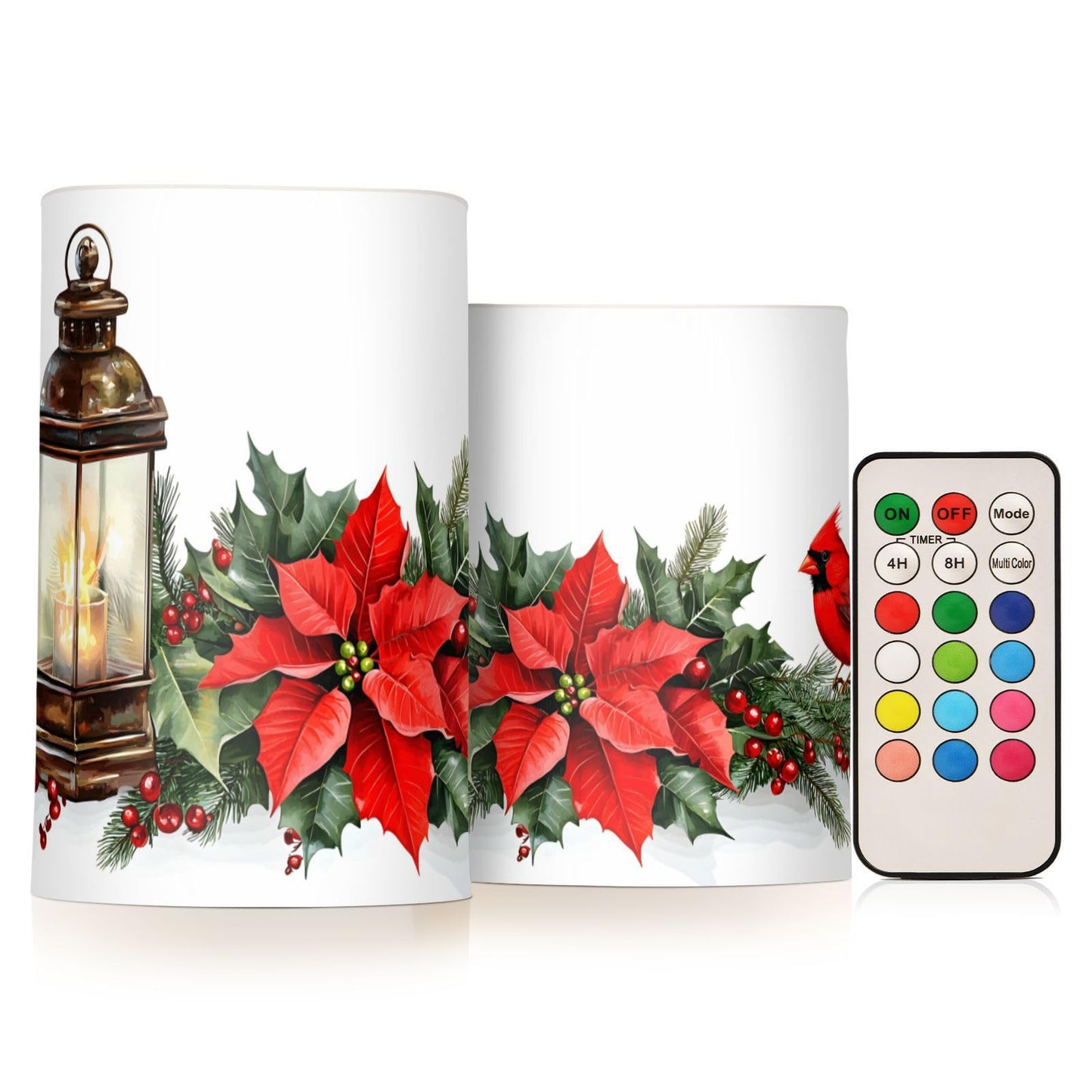 ALAZA Christmas Lantern Red Bird Poinsettia Flowers Flickering Flameless Candles Battery Operated with Remote Timer,Tea Light Candles LED Pillar Votive Candles Set of 2 for Outdoor Indoor Decorations