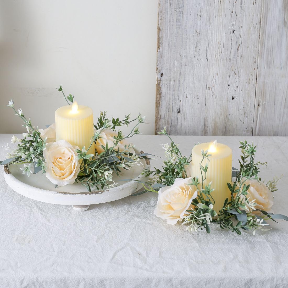 Youshe 4 Pcs Artificial Rose Candle Ring, Valentine's Day Candle Rings Wreaths Mini Floral Garland Wedding Table Pillar Centerpiece for Xmas Home Farmhouse Party Candle Holder Décor (Champagne)