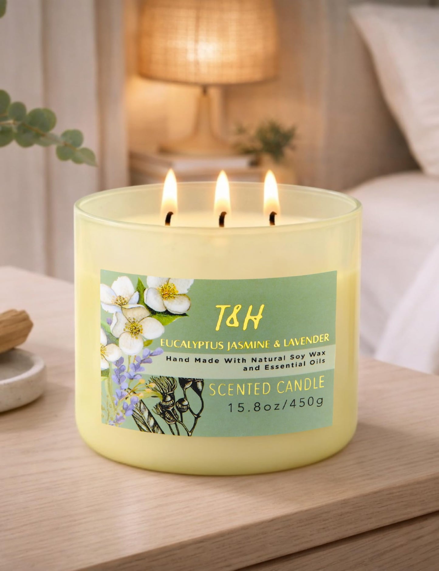 Eucalyptus Jasmine Lavender Scented Candle | 3 Wick Large Soy Candle for Home 15.8oz | Relaxing Aromatherapy Spa Candle | Strong Scent, Long Lasting, Clean Burn | Stress Relief Gift for Women & Men