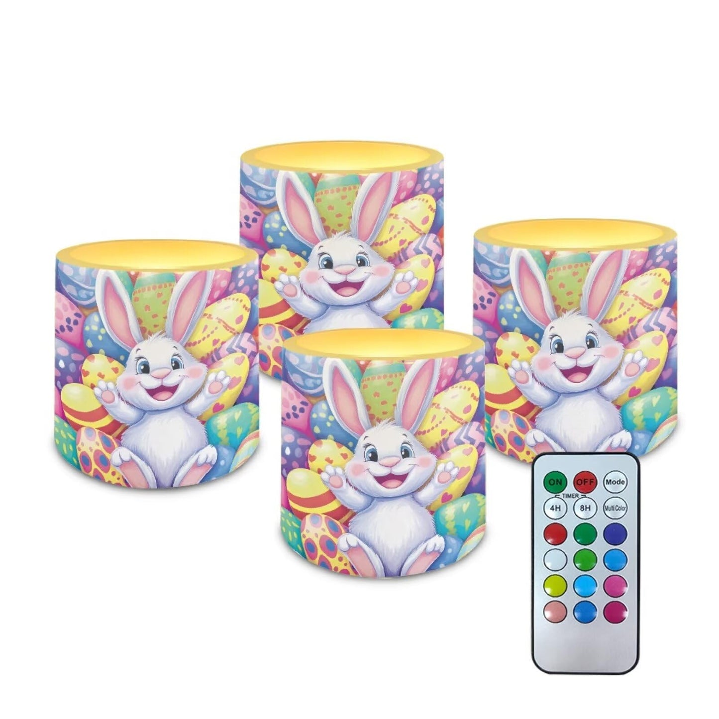Merkmak 4 Pack Easter Day Flickering Flameless Candles with Timers Battery Operated LED Candles with Remote Tea Lights for Party Decorations, Cartoon Easter Egg Bunny