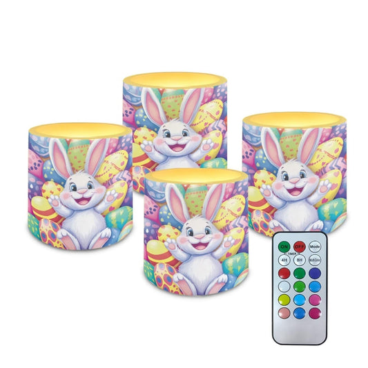 Merkmak Pack of 4 Flameless Candles with Timer Battery Operated Candles with Remote, Easter Eggs Cartoon Bunny Print LED Pillar Tea Lights for Easter Day Patio Banquet Home Decoration