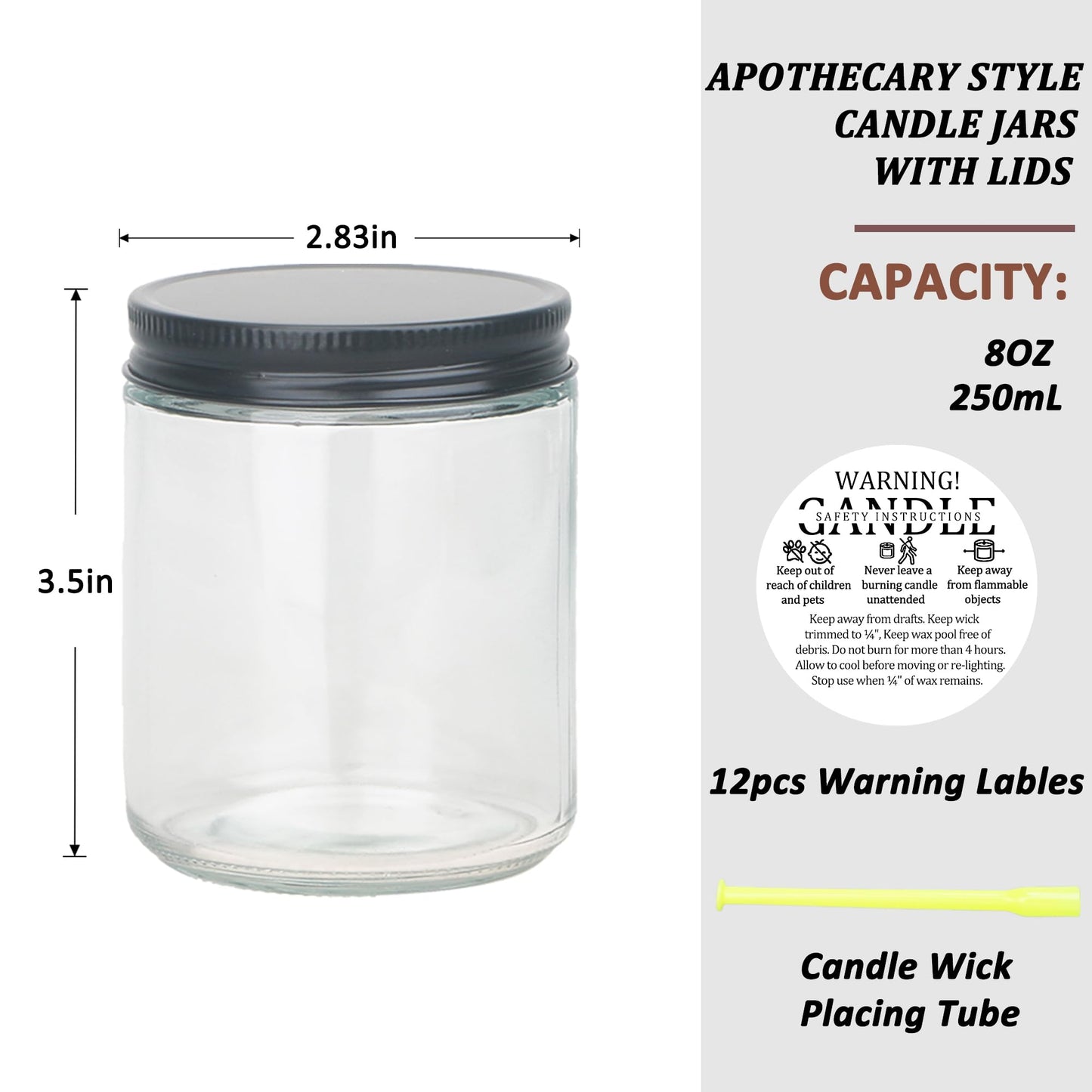 MILIVIXAY 12 Pack 8 OZ Thick Glass Clear Candle Jars with All Black Metal Lids-Bulk Empty Candle Jars for Making Candles-Canning Jar for Spice, Liquid, Sample- Dishwasher Safe.