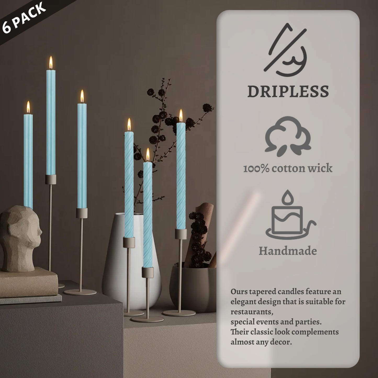 Dripless Blue Spiral Taper Candles Smokeless Long Lasting Burn10 Inch Roman Column Candlesticks for Home Décor Dinner Parties Romantic Evenings