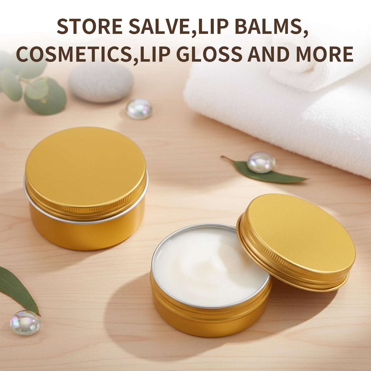 Patelai 2 oz Gold Metal Round Tins Aluminum Tin Cans Salve Tins Containers with Screw Lid 10 Sheets Stickers for Salve Spice Candies Balms Candles, 36 Pack (Classic Style)