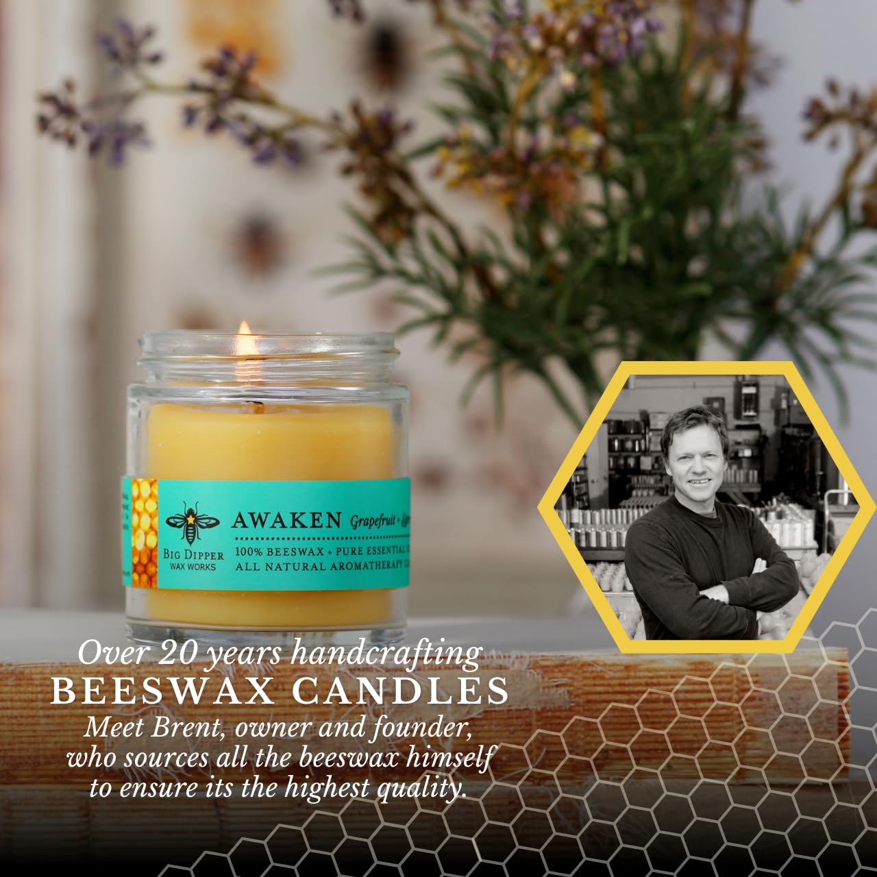 Big Dipper Wax Works Beeswax Aromatherapy Candle – Awaken, Grapefruit & Spruce, Apothecary Glass 2” x 2.5” – 25-Hour Burn, 100% Pure Beeswax with Essential Oils, Clean & Eco-Friendly