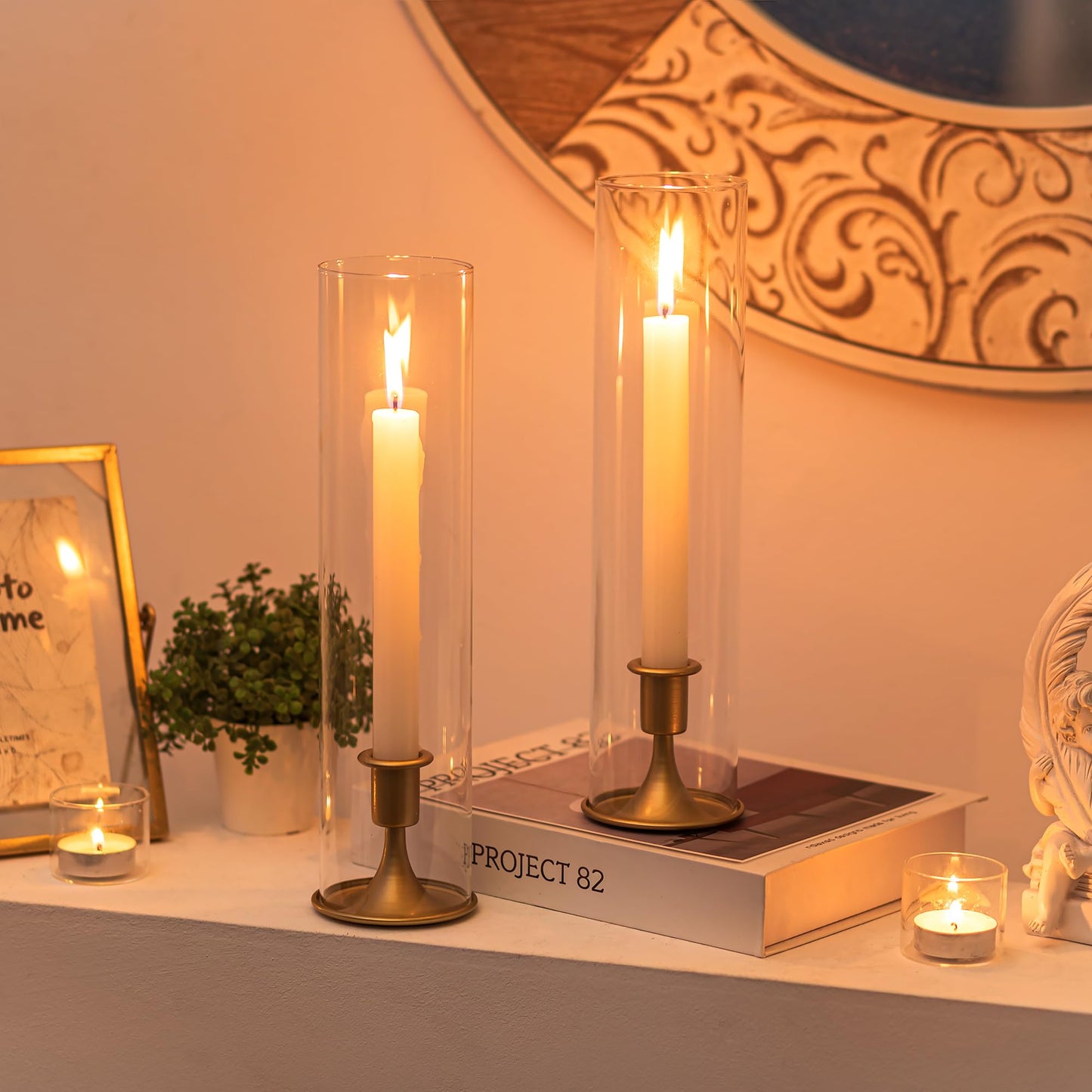 Romadedi Hurricane Candlestick Holders Gold - Taper Candle Holders Tall Clear Glass Cylinder for Wedding Table Centerpieces Party Decor Birthday Christmas Home Decorations Set of 2