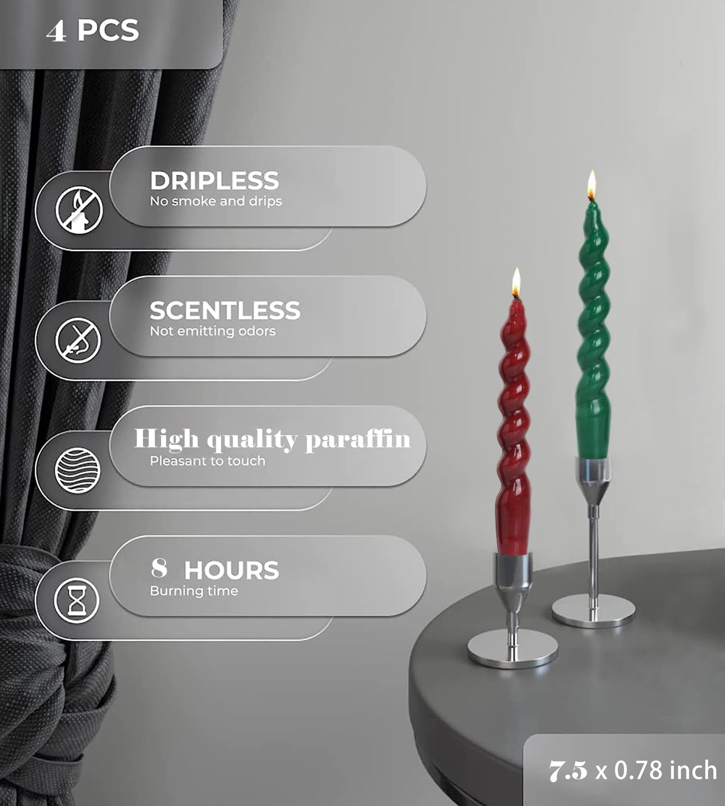 MAITREYA Christmas Short Taper Twisted Candles Set of 4 - Green and Red for Decoration, Weddings, Party, Church - Unscented Dripless 7.5inch