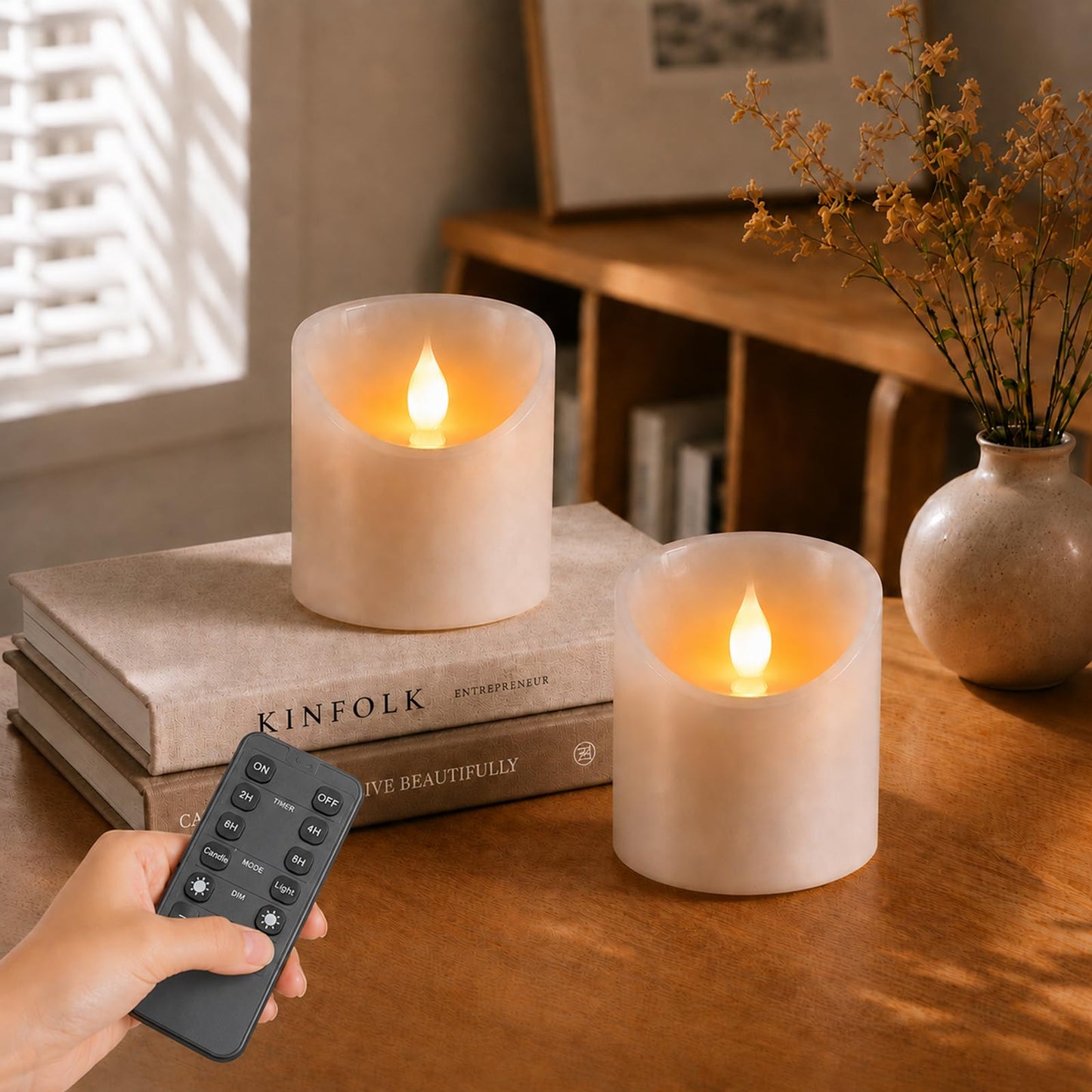 Tediselu 3"x3" Flickering Flameless Candles, Realistic LED Candles, Battery Operated Candles with Remote and Timers, Real Wax Electric Fake Pillar Candles for Festival Wedding Home Party Decor -2Pack
