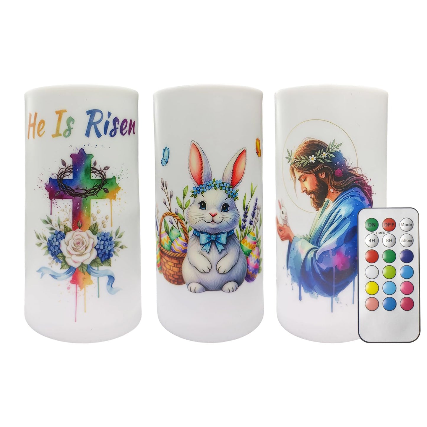 Aulaygo 3PCS Nativity Easter Flameless Candles with Remote Control,Christian Cross Bunny LED Candles for Spring Easter Home Decor