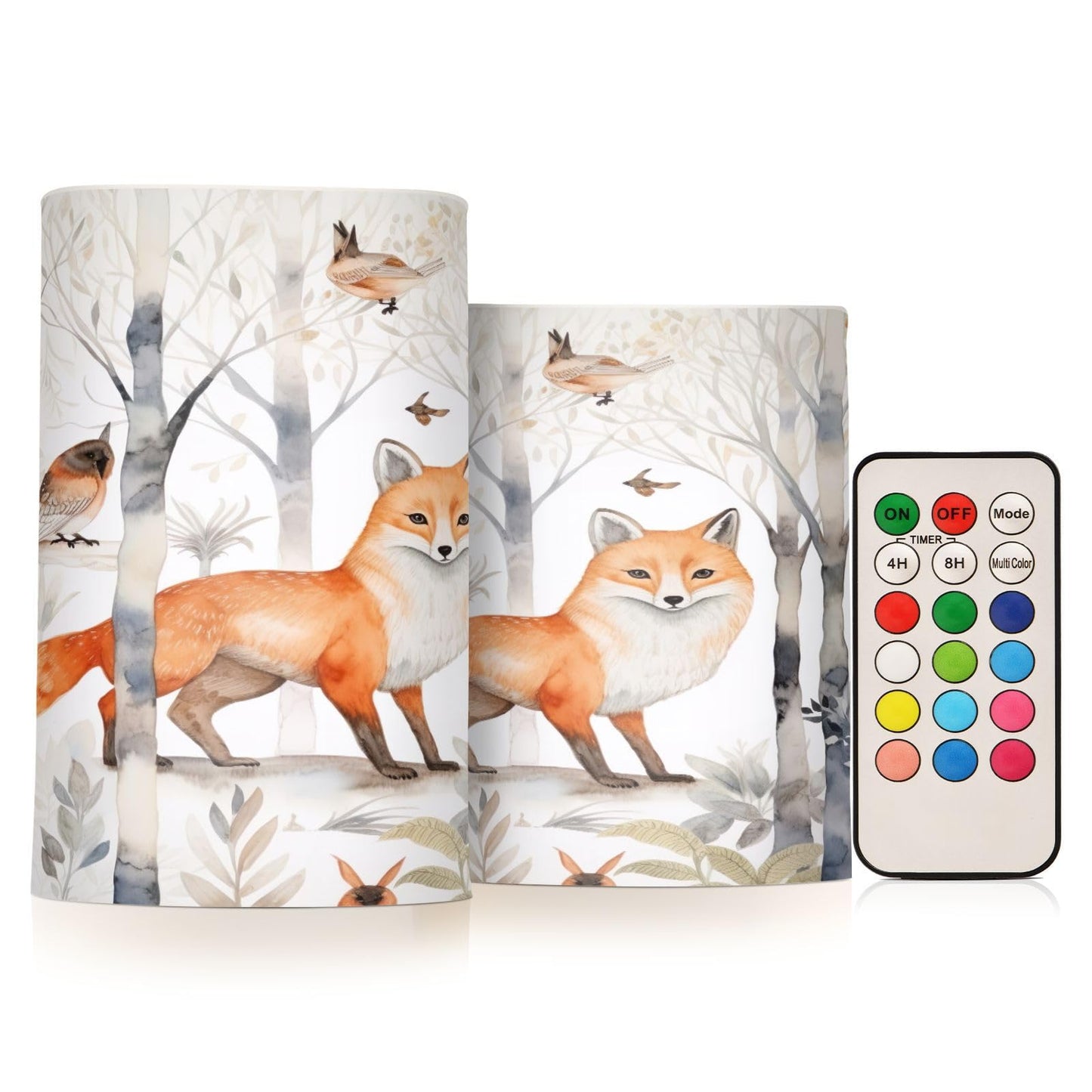 GUIJI Fox in The Woods Flameless Candles With Remote - Set of 2 Battery Operated Pillar Candles for Home Decoration, Christmas, Party