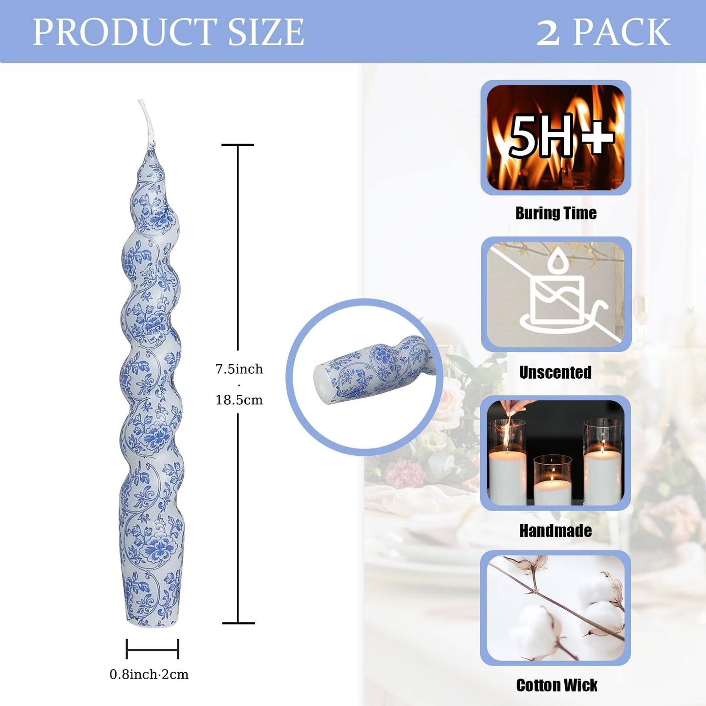 Print Taper Candles Dripless Candlesticks - 2 Pack Handmade Blue Flower Candle Long Spiral Candle Sticks - 7.5 inches Tapered Candles for Home Party Wedding Restaurant Holiday Decor