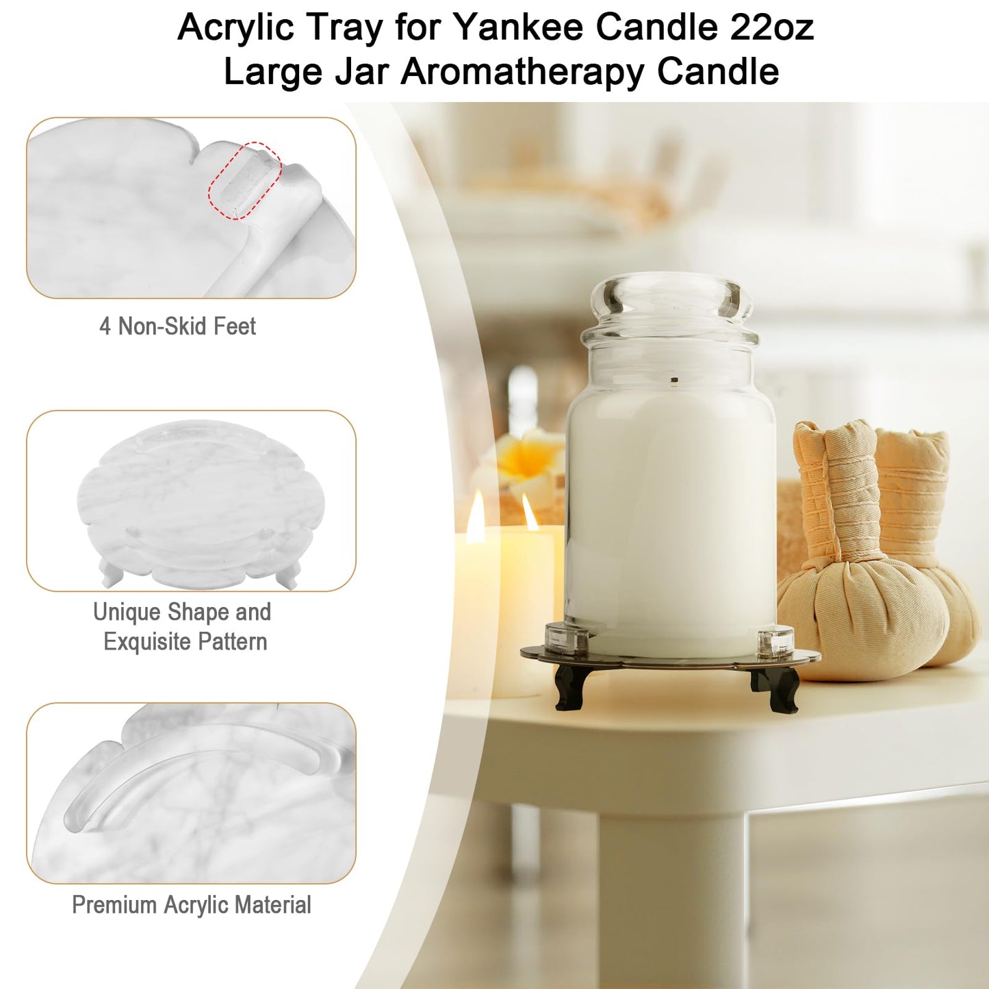 Beautyflier Scented Holder Tray, Pedestal Stand for Yankee Classic 22oz Large Jar Single Wick Candle, Decorative Marble Pattern Acrylic Plate, Holder ONLY (Black)