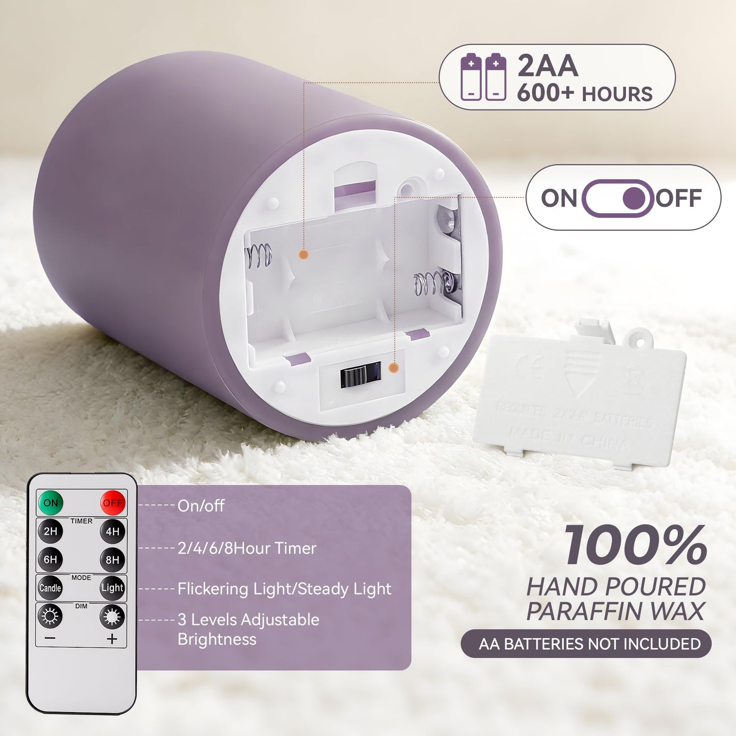 Velsyn Purple Flameless Candles with Remote and Timer, Real Wax Made LED Pillar Candles Battery Operated with 3D Flickering Flame Melted Edge, 3" x 4",5",6", Set of 3 (Pastel Purple)