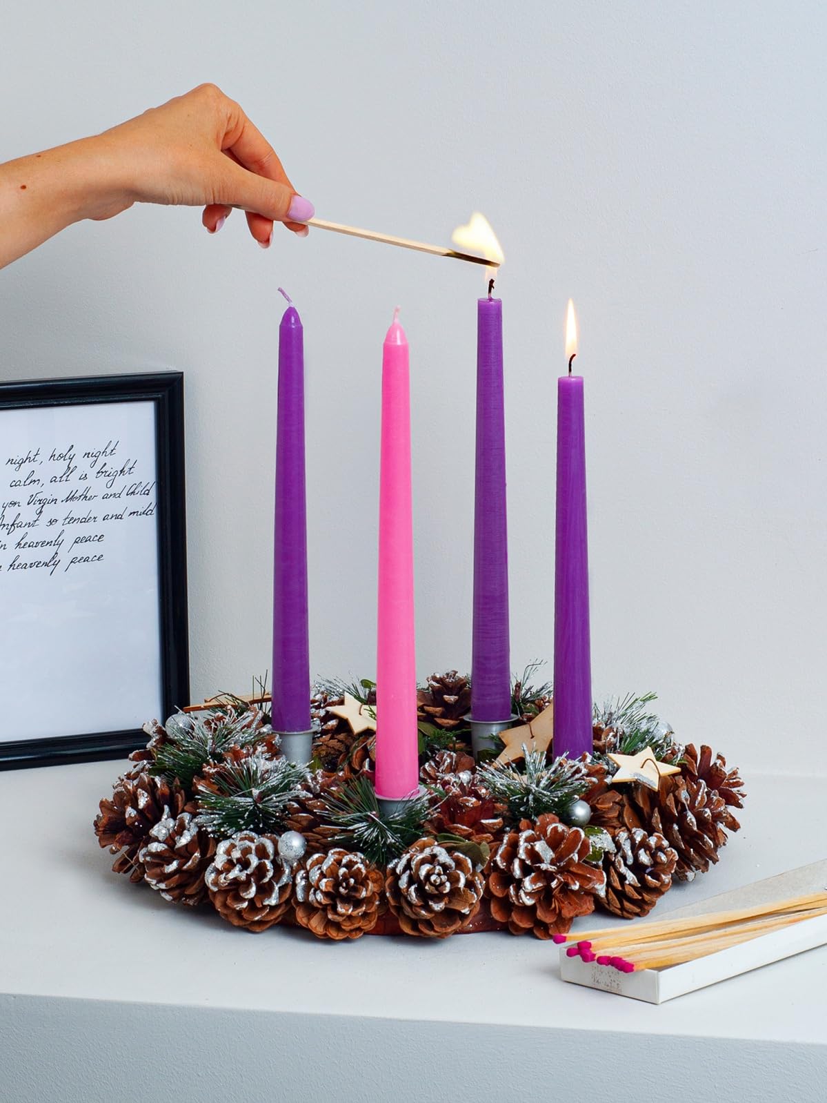 CANDWAX 10 Inch Advent Taper Candles Set of 4 - Long Burning Dripless Unscented Tapers - Perfect for Advent Wreaths, Christmas Décor - 3 Purple Tapers, 1 Pink Tapered Candle