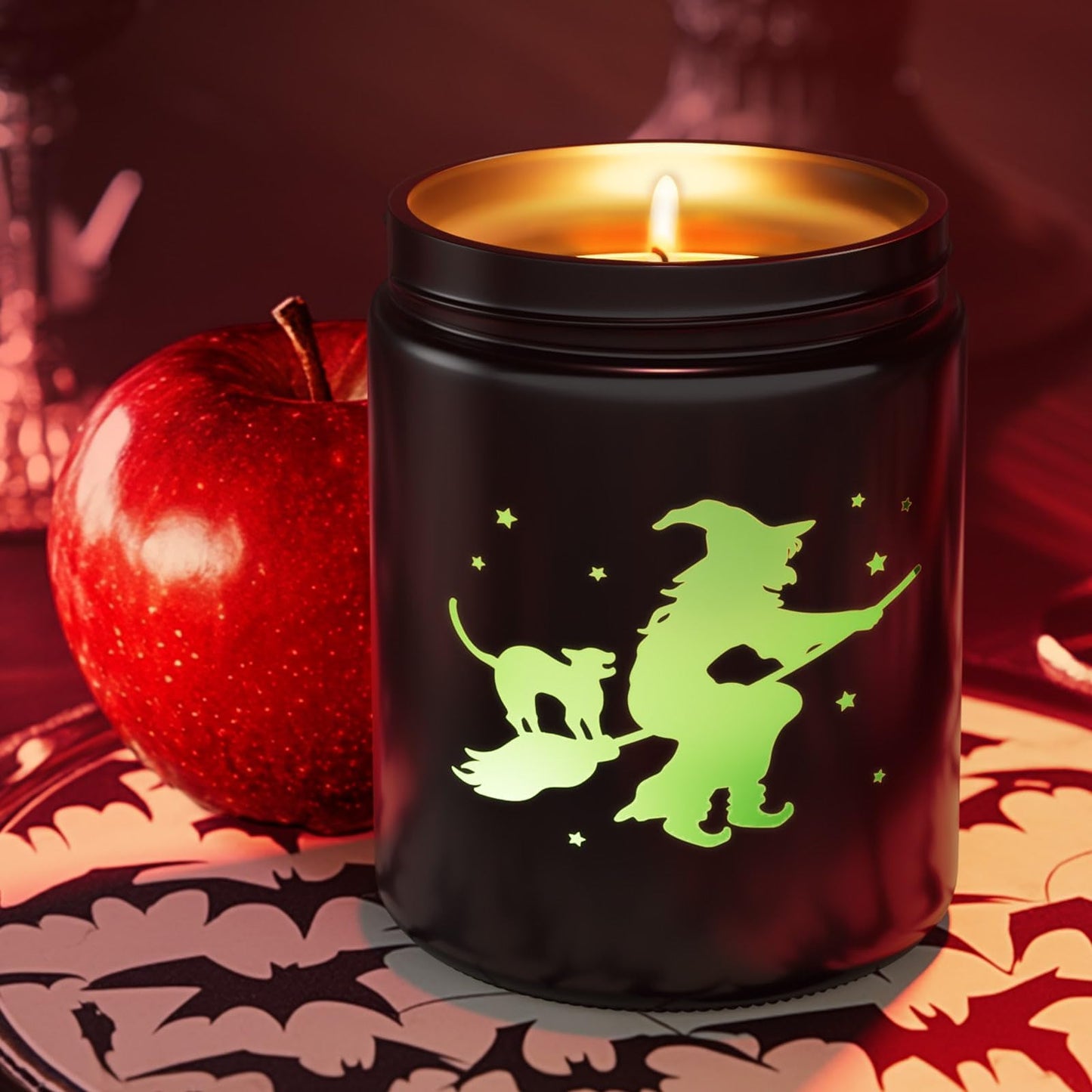 Halloween Decor Indoor-Halloween Gifts Candles for Women with LED Witch, Fall Candles with Apple Cinnamon Scent Over 40 Hours of Burn Time, Gift for Home Fall Decorations Indoor, 100% Soy Wax