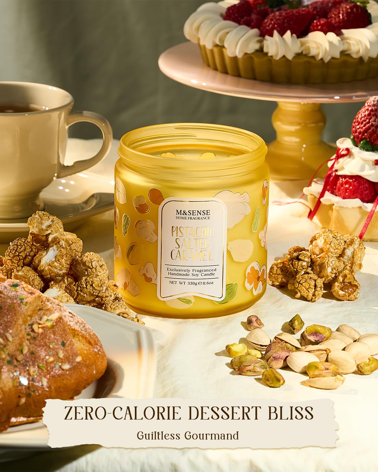 M&SENSE Pistachio Caramel Scented Candle, 11.6oz Natural Soy Wax Non Toxic, 2 Wick Jar Candle, Up to 70 Hours Clean Burn, Housewarming Gift for Women, Nutty Sweet Aroma for Home Office Comfort