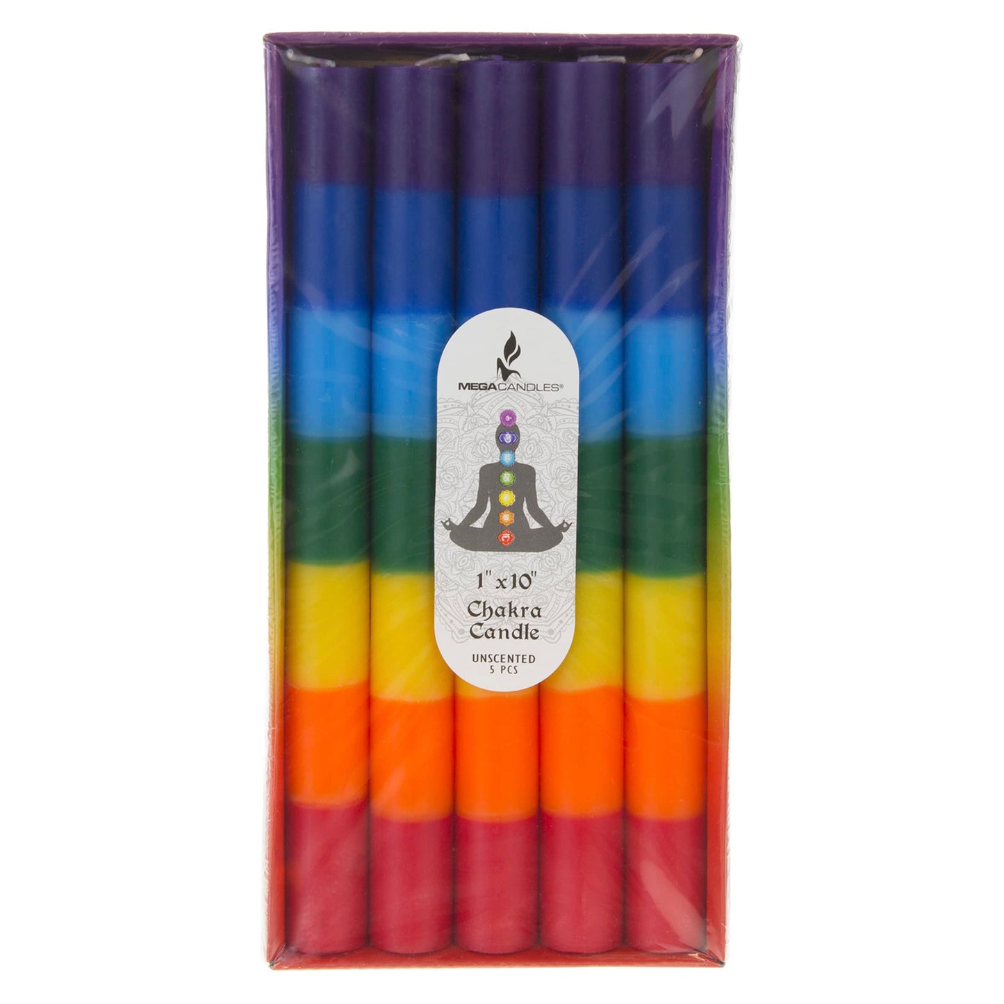 Mega Candles 5 pcs Unscented Multi Color Straight Taper Chakra Candles, Hand Poured Premium Wax Candle 10 Inch x 1 Inch, 100% Cotton Wick, Positive Healing Energy, Meditation, Relaxation, Reiki, Yoga