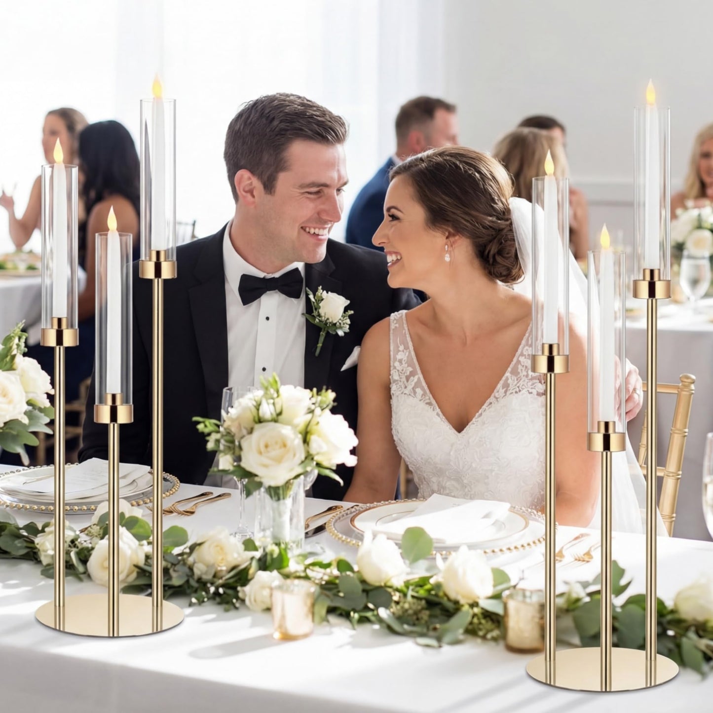 Layhit 6 Set Wedding Gold Candelabra Centerpieces for Tables, 3 Arm Tall Acrylic Candle Holder Centerpiece with Clear Shades for Reception, Party, Dining Decor, Anniversary, Fits 0.87" LED Candles