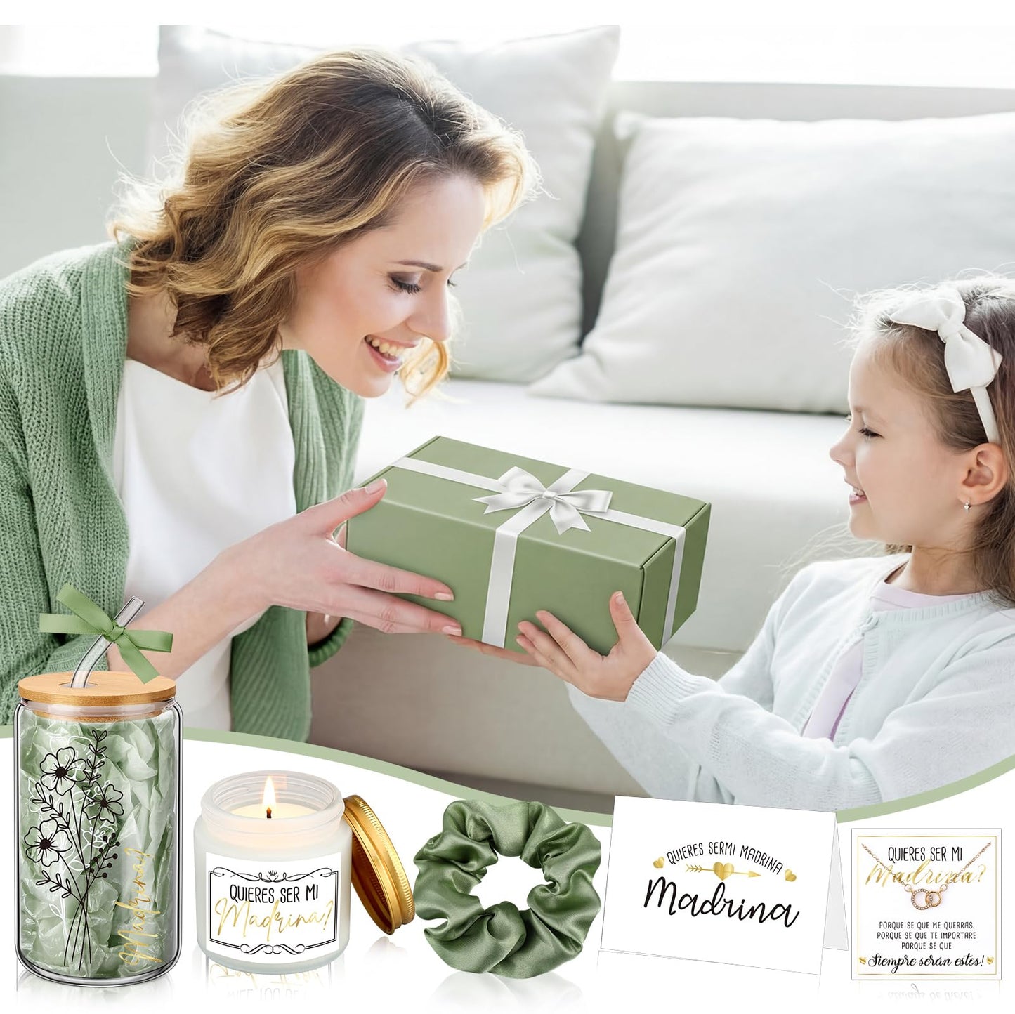 Singhoow 6 Pcs Godmother Proposal Gift Set, Will You Be My Godmother Gift Box, 16oz Glass Cup, Necklace & Scented Candle from Godchild for Baptism Mother’s Day Birthday(Spanish,Sage Green)