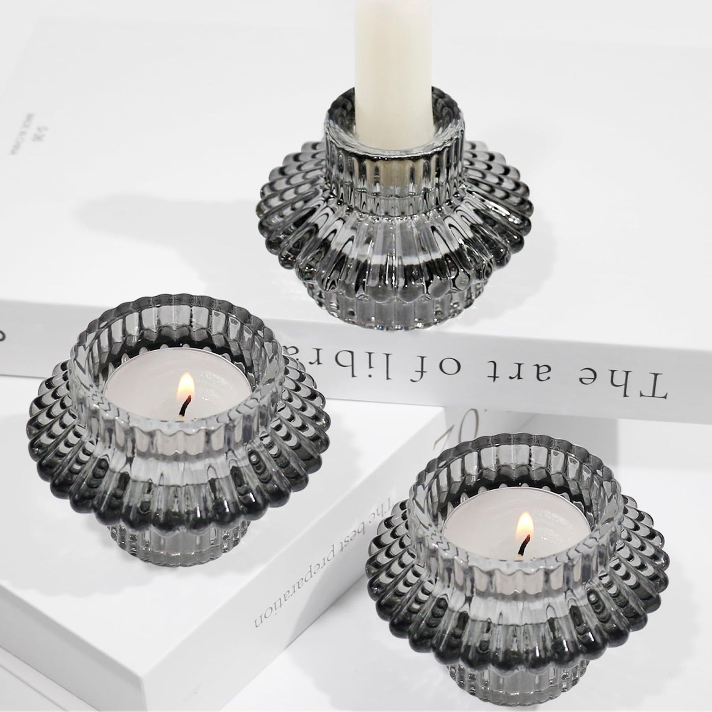 CHOCSTAY Reversible Candlestick Holders Set of 3, Gray Glass Taper and Tealight Candle Holders for Table Centerpiece, Wedding, Party, Home Decor