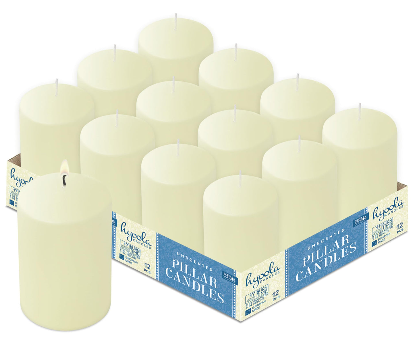 HYOOLA Ivory Pillar Candles 2x3 Inch - 12 Pack Unscented Bulk Pillar Candles - European Made