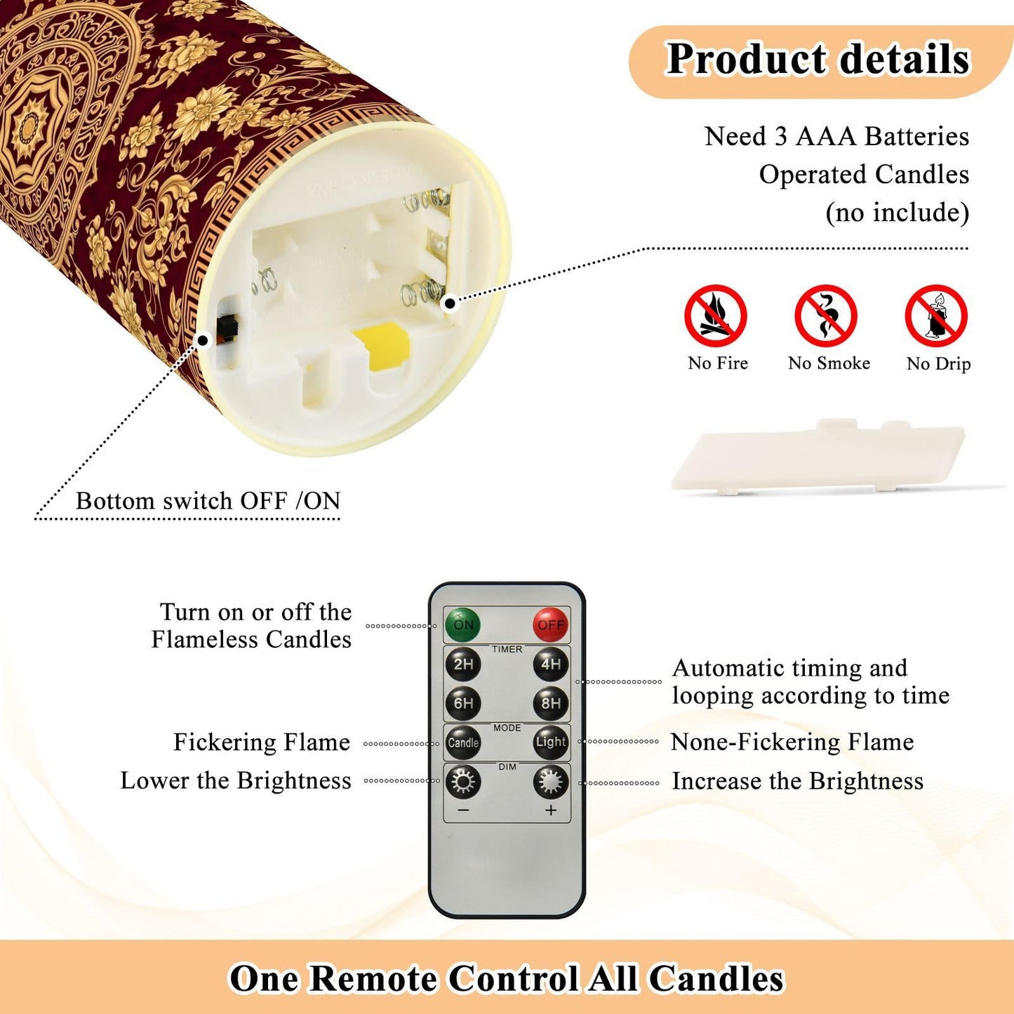 Gravopti Gold Floral Mandala 2 Pack Flameless LED Pillar Candles with Remote & Timer, Battery Operated, Flickering Wax Candle for Wedding, Romantic Home & Party Decor
