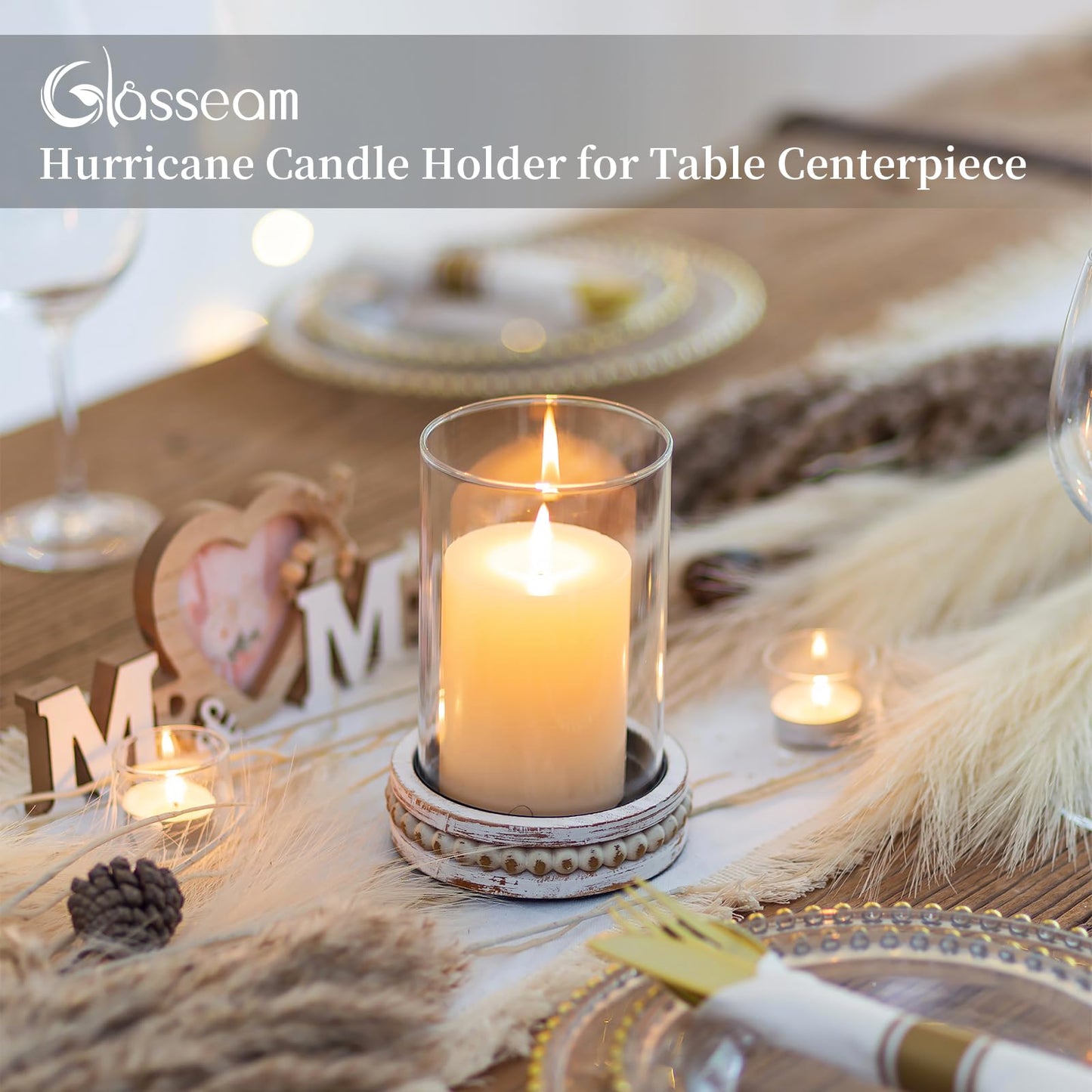 Glasseam Glass Hurricane Candle Holder, Decorative Candle Holders for Pillar Candles, Boho Candle Holders for Table Centerpiece, Glass Cylinder With Wood Beaded Candle Plate for Dining Room Decoration