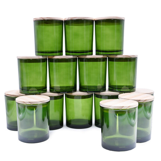 SHOWIN 10 OZ Thick Candle Jars for Making Candles 15 Pcs, Empty Jars with Wood Lids for Candle Making, Sample Container, Clear Green