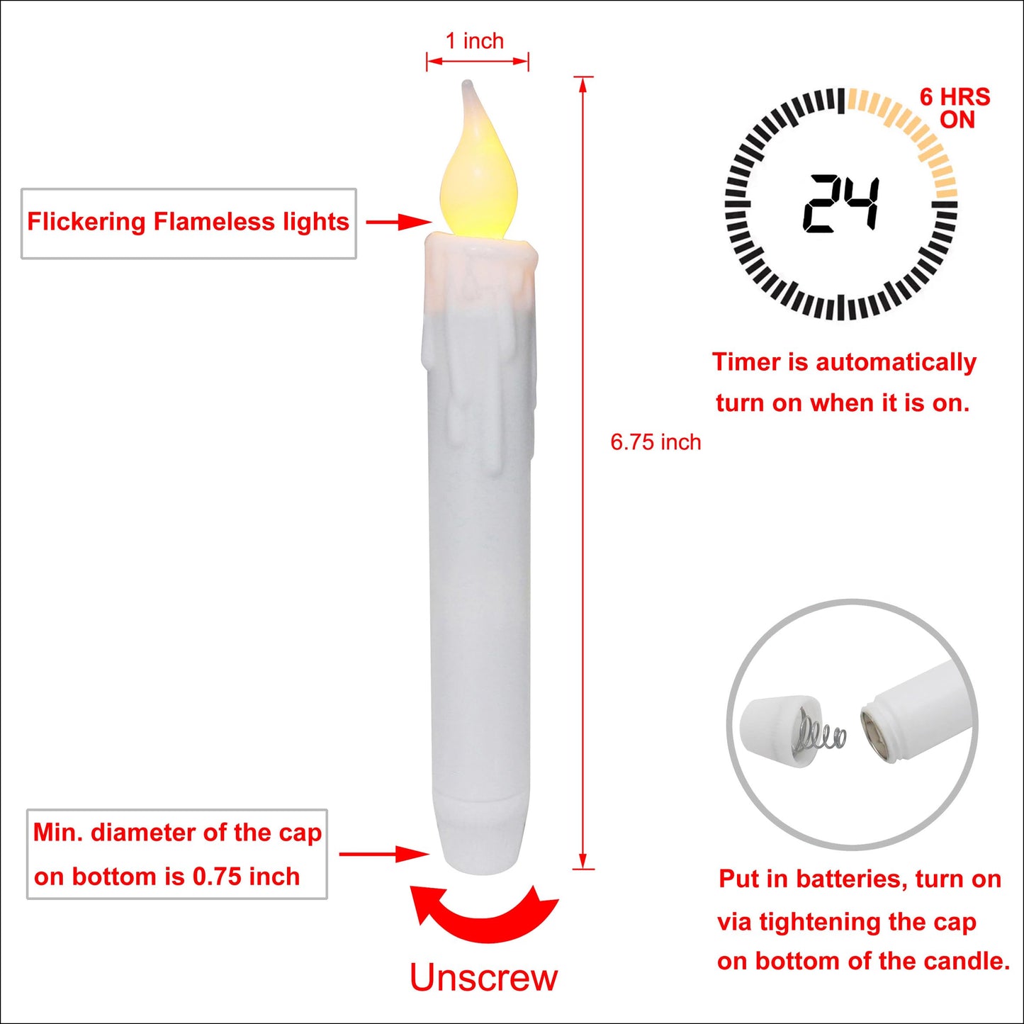 CVHOMEDECO. Flickering Taper Candles LED Drip Flameless Candles, Battery Operated with Timer, White, 6-3/4 Inch, Set of 4