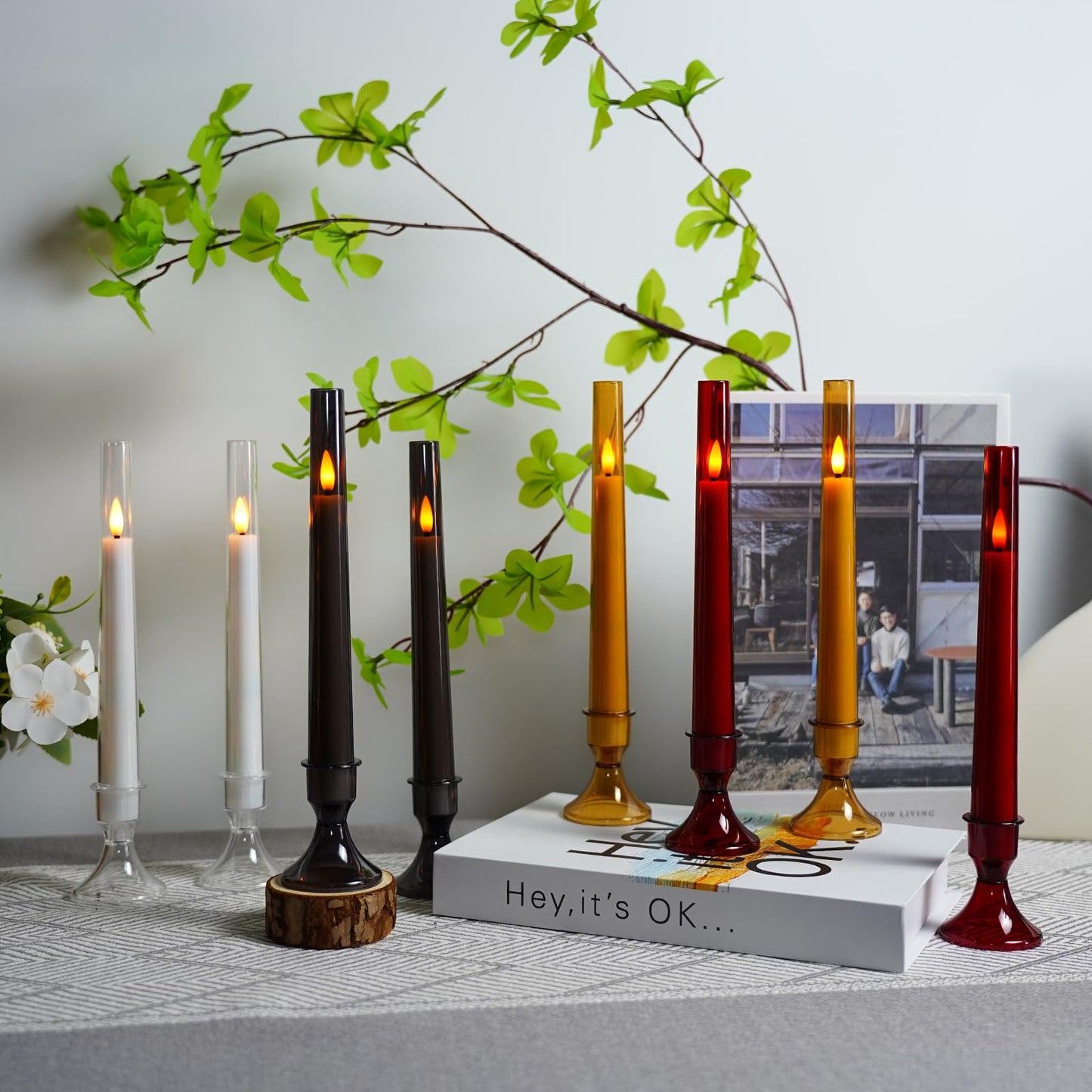Lezonic Flameless Windows Candles Battery Operated with Timer Remote, 6Pcs Grey Acrylic Flameless Candlesticks with Holders, LED Taper Candles Flickering for Halloween Christmas, 0.8 x 8 inches