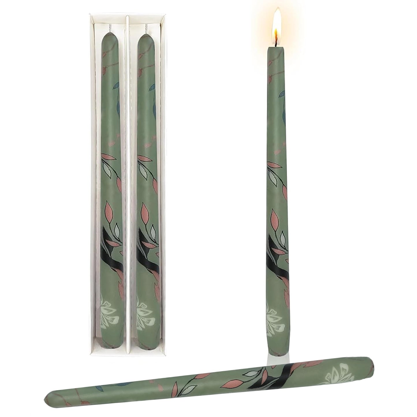 10 Inch Taper Candles Leaf Print Candle Sticks Handmade Set of 2 Unscented Long Candle Smokeless Tapered Candles for Meditation Wedding Spa(Green)
