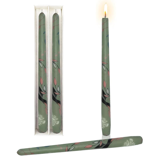 10 Inch Taper Candles Leaf Print Candle Sticks Handmade Set of 2 Unscented Long Candle Smokeless Tapered Candles for Meditation Wedding Spa(Green)