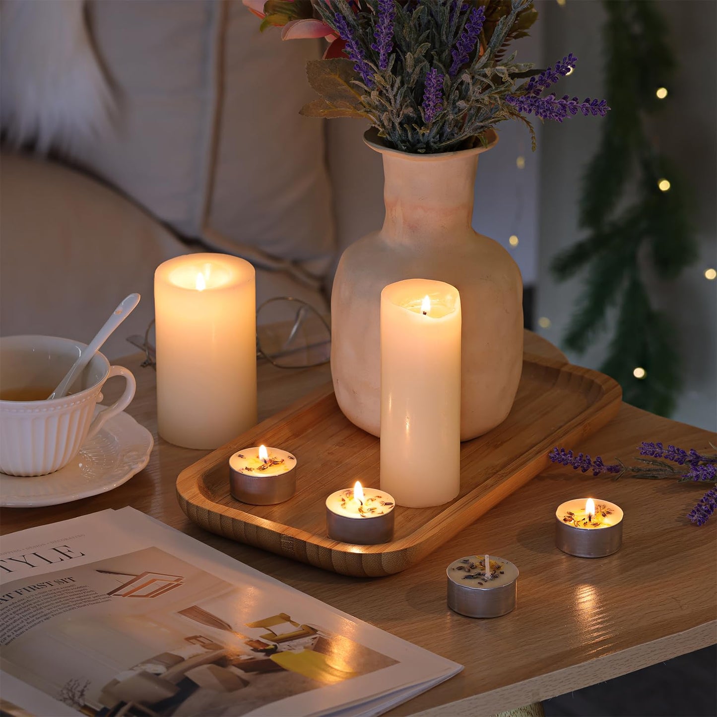 8 Pcs Lavender Scented Tealight Candles, 6H Long Burning - 100% Palm Wax Based Scented Tea Lights with Dried Flowers, Non-Toxic/Smokeless Tea Lights Candles for Spa, Bath, Wedding