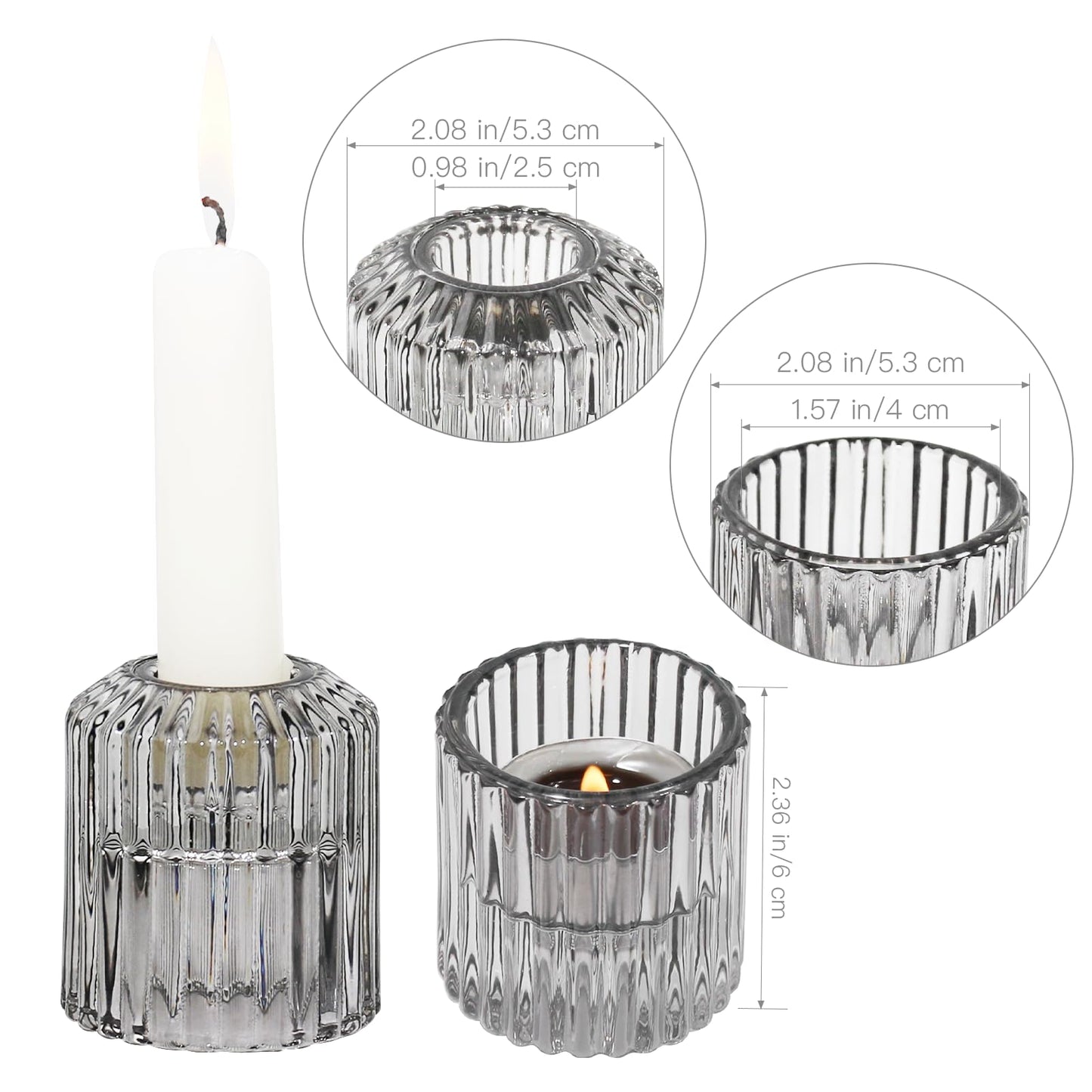 CHOCSTAY Reversible Gray Glass Candle Holder Set of 6, Thick Heat-Resistant Glass Candlestick Holders for Taper, Tealight, Votive, LED Candles, Perfect for Wedding, Party, Home Décor