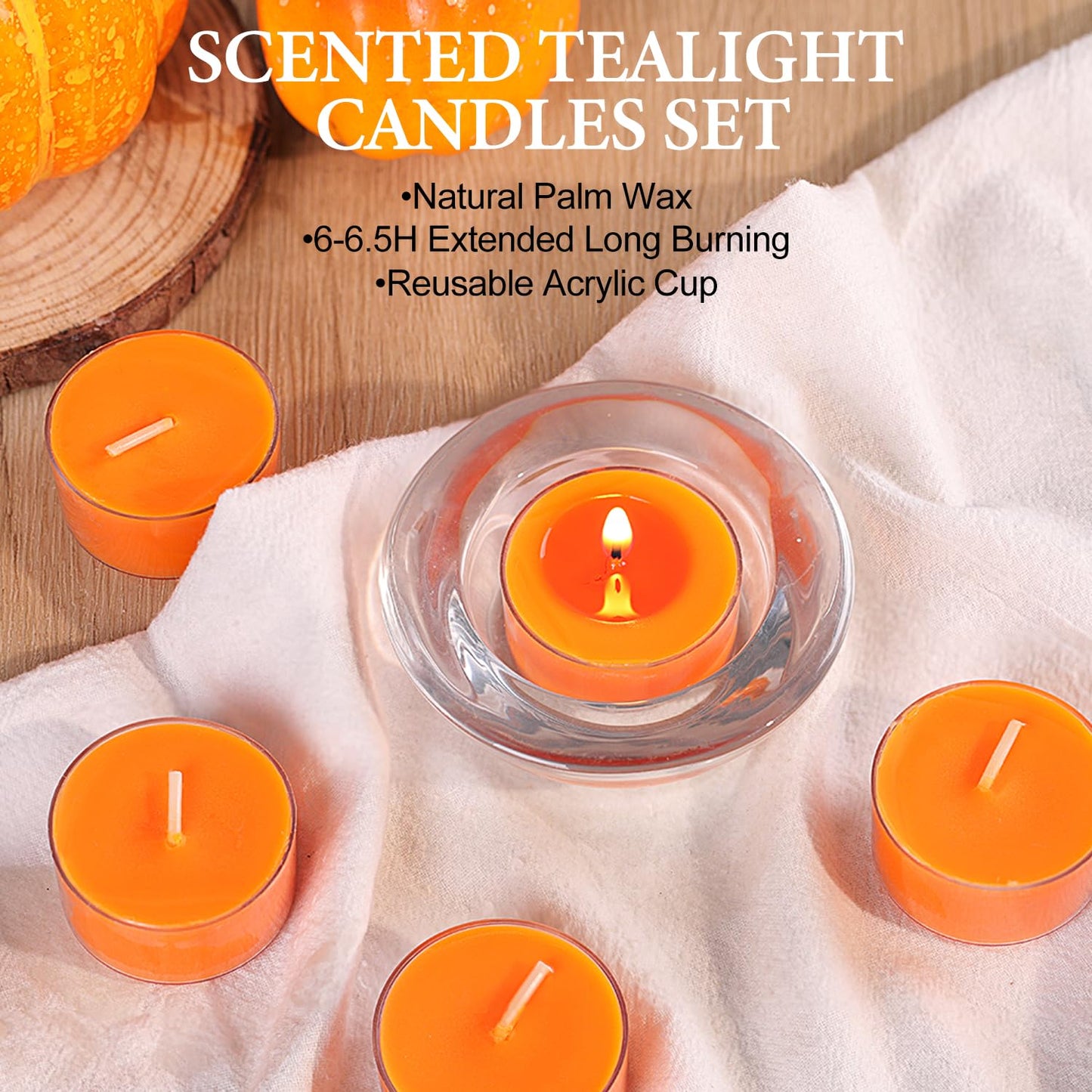 Pumpkin Cinnamon Scented Tealight Candles – 14 Pack, 100% Pure Palm Wax, 6-Hour Burn, Orange Scented Candles for Fall Decor, Thanksgiving, Halloween, Cozy Ambiance