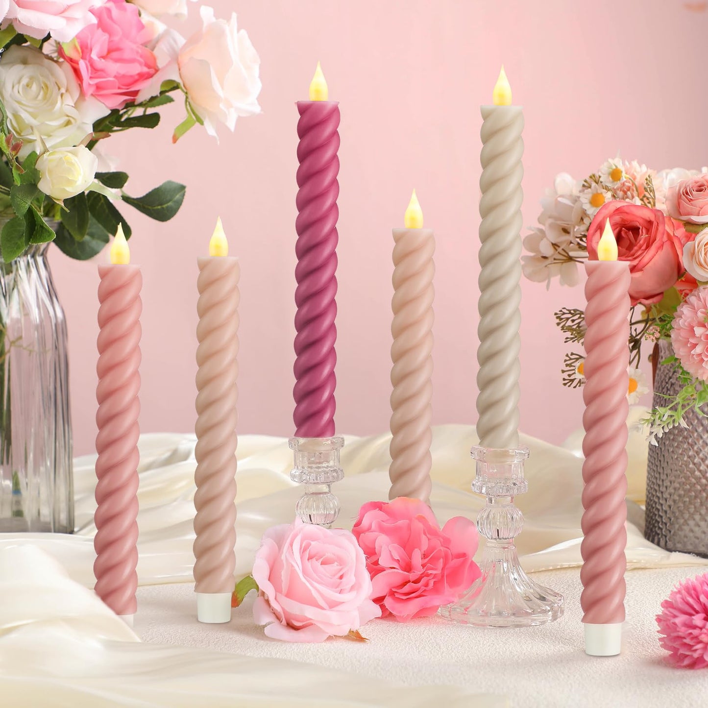 Baquler 6 Pcs Pastel Pink Flameless Taper Candle Twisted LED 9.65 Inch Taper Candles Battery Operated Spiral Candlesticks for Valentine Wedding Birthday Home Party Holiday Dinner Fireplace