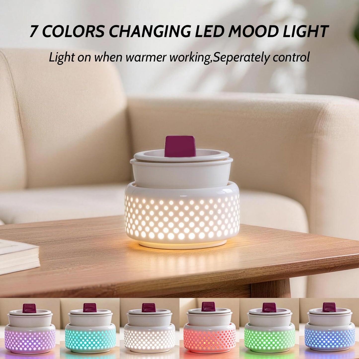 Ceramic Candle Warmer lamp, Wax Melt Warmer with 7 Colors Night Light and 1 PC Silicone Liner,4-in-1 Electric Warmer for Jar Candle Wax Cube Essential Oil coffee, Ideal Gift for Home Office Kitchen