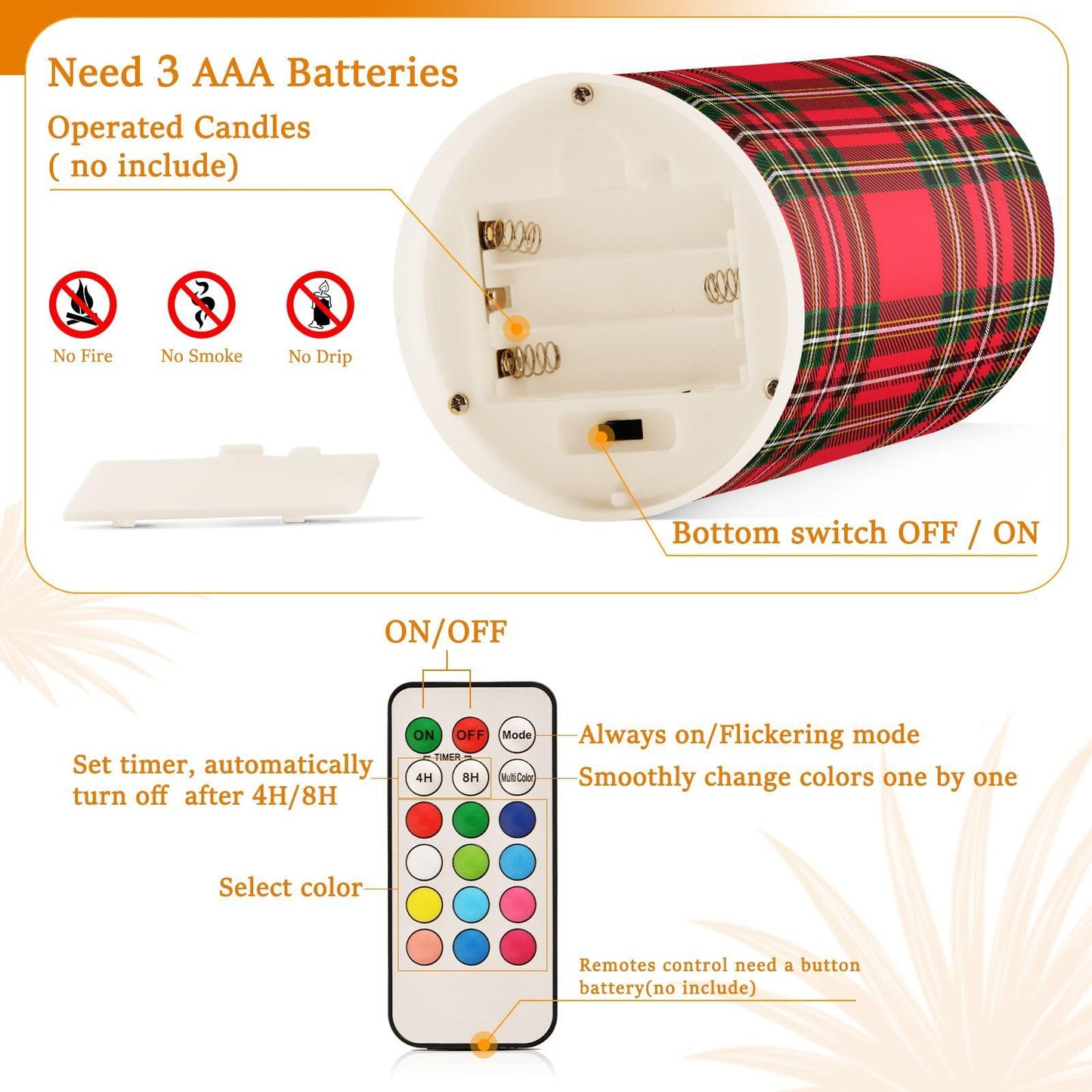 BOENLE Flickering Flameless Candles, Red Green Tartan Plaid Christmas LED Candles with Remote Timer, Set of 2 Battery Operated Candle for Valentine Wedding Birthday